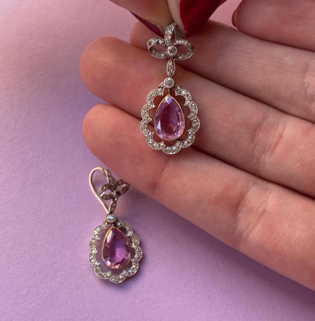 Edwardian Gold Diamond and Pink Topaz Earrings In Good Condition In Amsterdam, NL