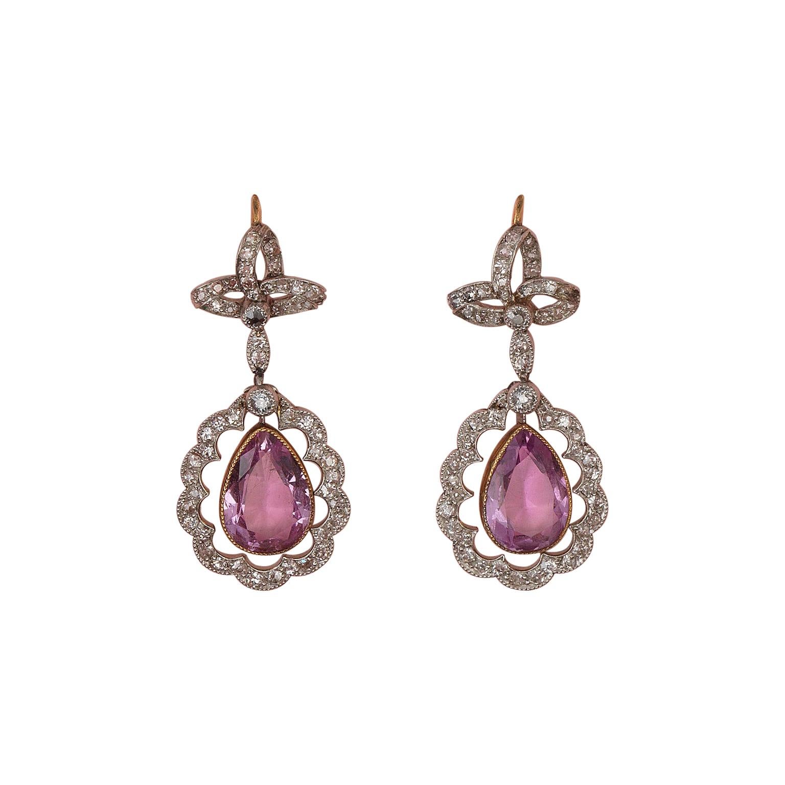 Edwardian Gold Diamond and Pink Topaz Earrings