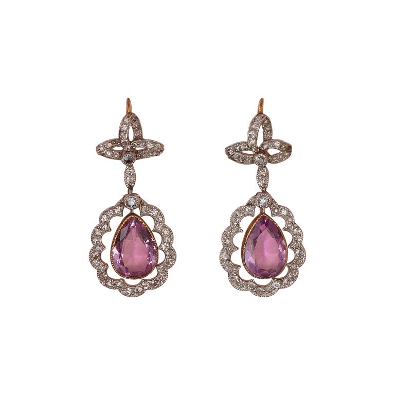Edwardian Gold Diamond and Pink Topaz Earrings For Sale at 1stDibs
