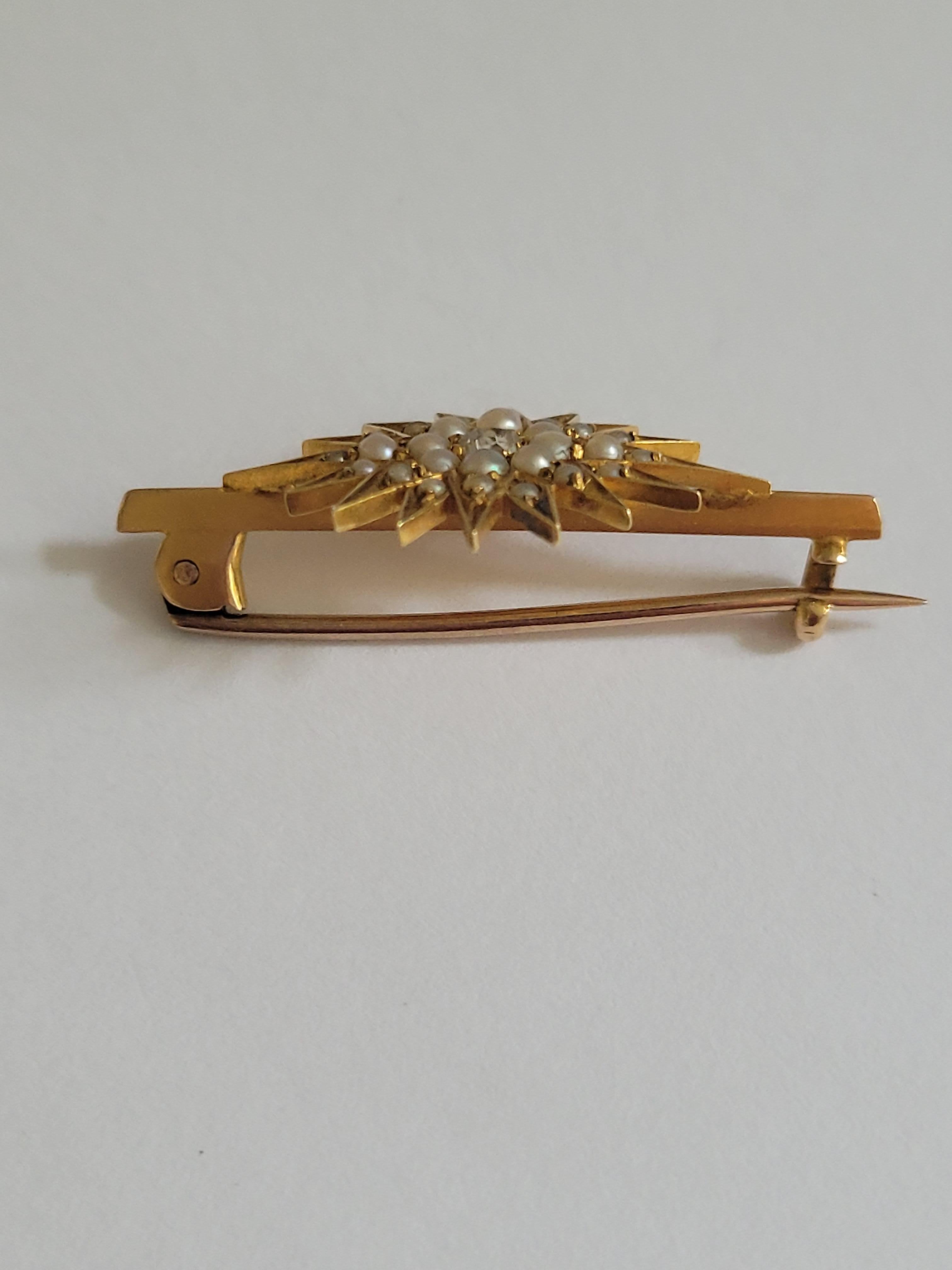Rose Cut Edwardian Gold Diamond Natural Pearl Starburst Brooch For Sale