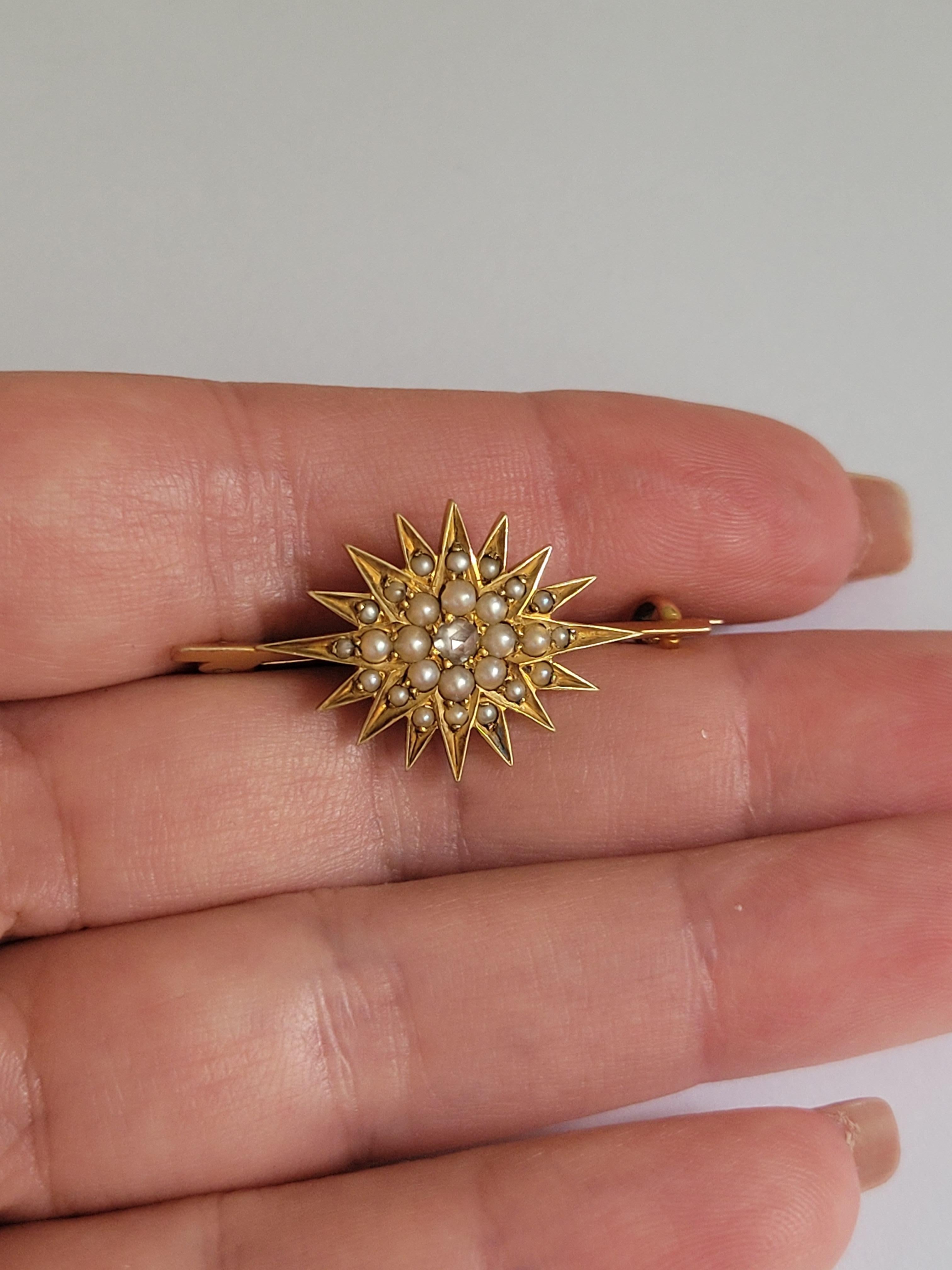 Edwardian Gold Diamond Natural Pearl Starburst Brooch For Sale 1