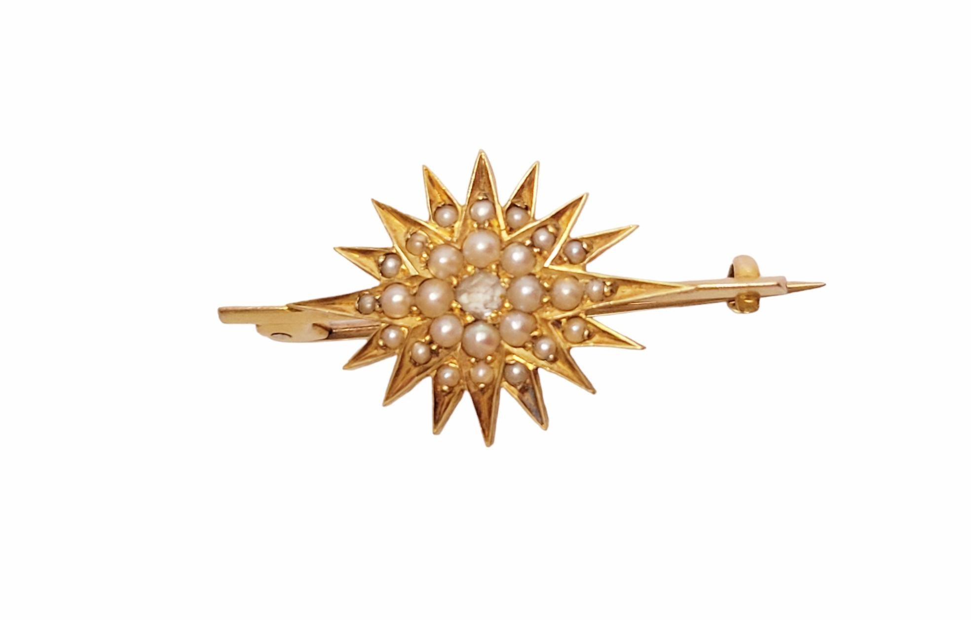 Edwardian Gold Diamond Natural Pearl Starburst Brooch For Sale 2