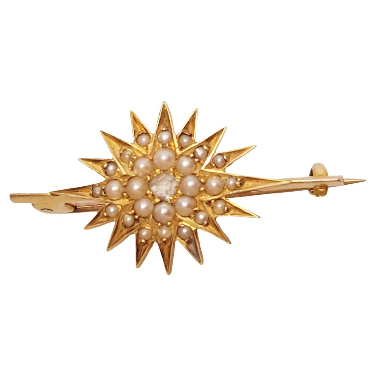 Edwardian Gold Diamond Natural Pearl Starburst Brooch For Sale