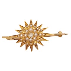 Edwardian Gold Diamond Natural Pearl Starburst Brooch