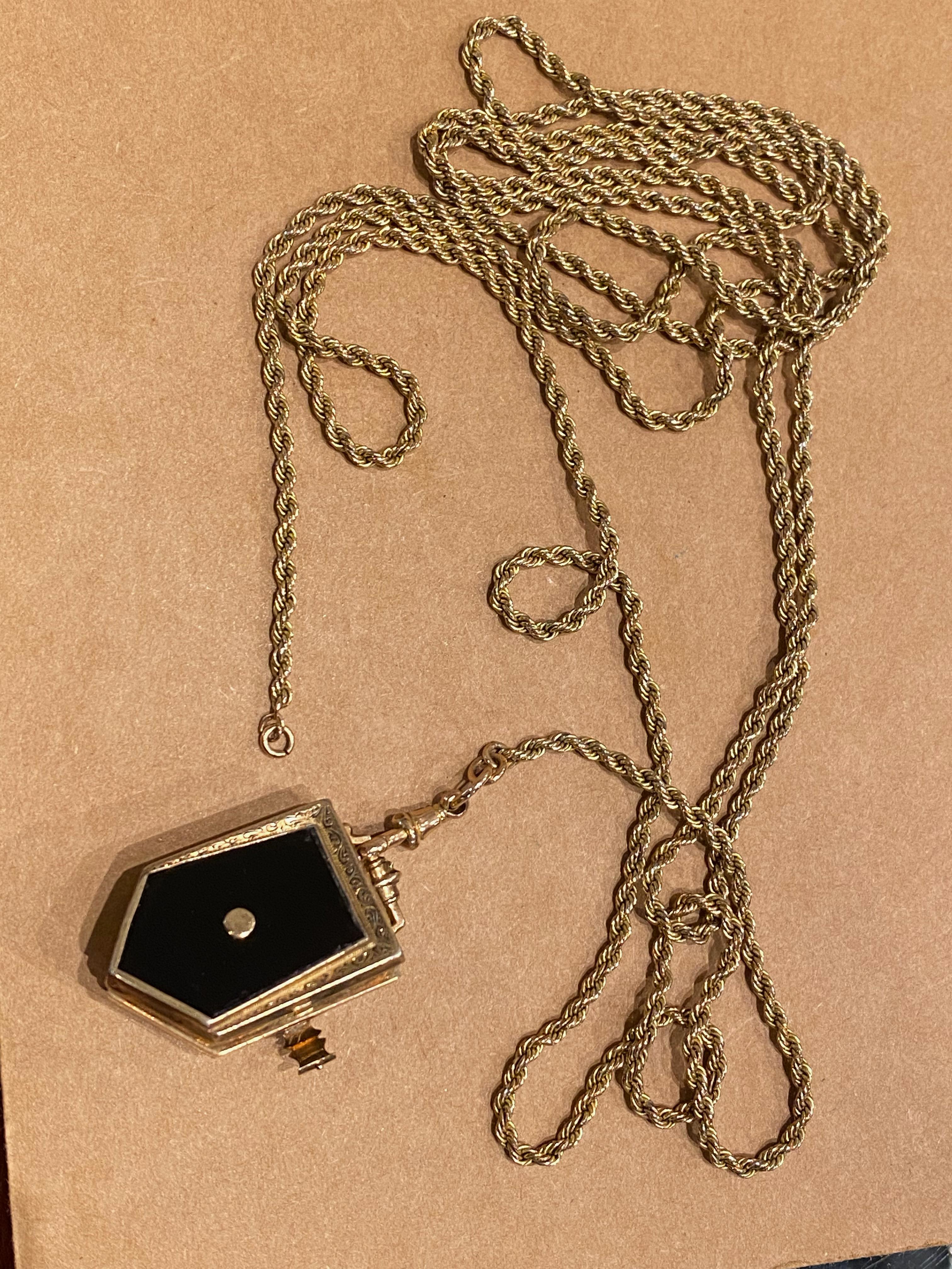 Shield Cut Edwardian Gold Filled Black Onyx Multi-Compartment Shield Locket & Guard Chain For Sale
