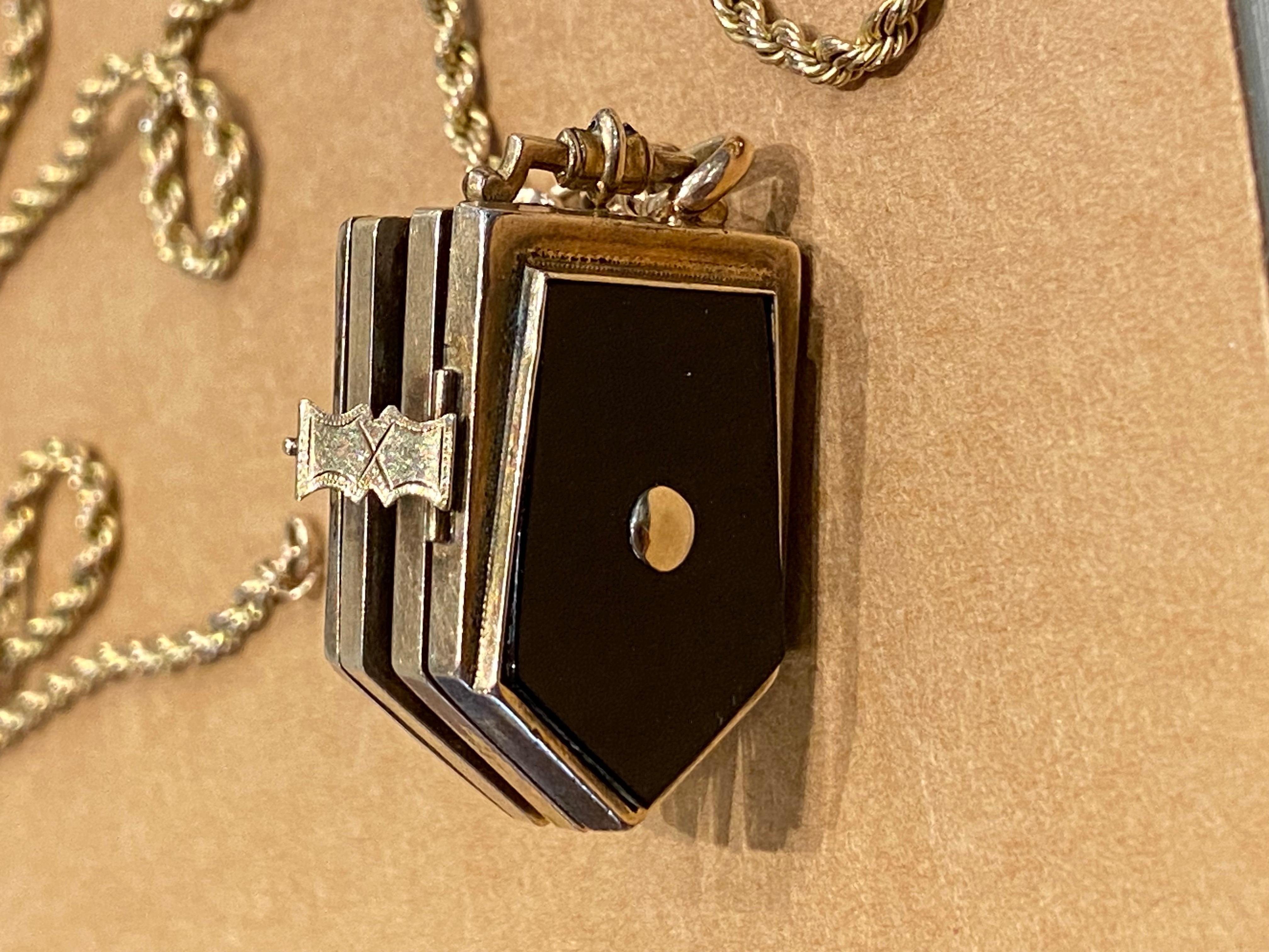 Edwardian Gold Filled Black Onyx Multi-Compartment Shield Locket & Guard Chain For Sale 2
