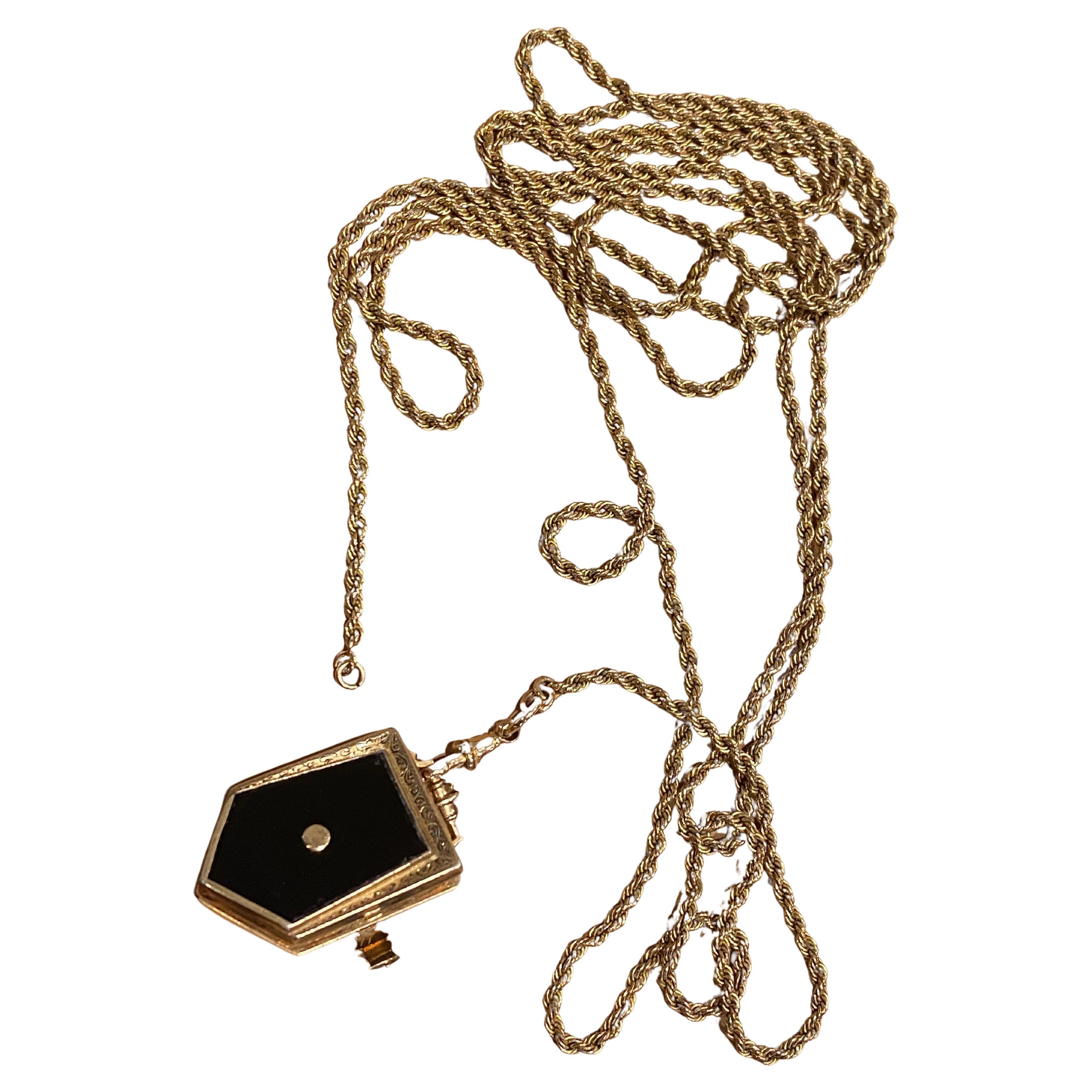 Edwardian Gold Filled Black Onyx Multi-Compartment Shield Locket & Guard Chain For Sale