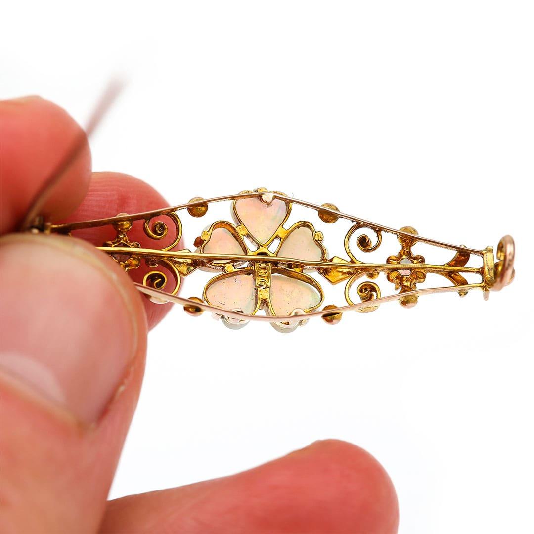Edwardian Gold Heart Shaped Opal, Ruby and Pearl Bar Brooch Circa 1905 In Good Condition For Sale In Lancashire, Oldham