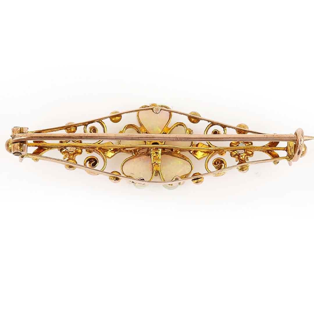 Women's or Men's Edwardian Gold Heart Shaped Opal, Ruby and Pearl Bar Brooch Circa 1905 For Sale