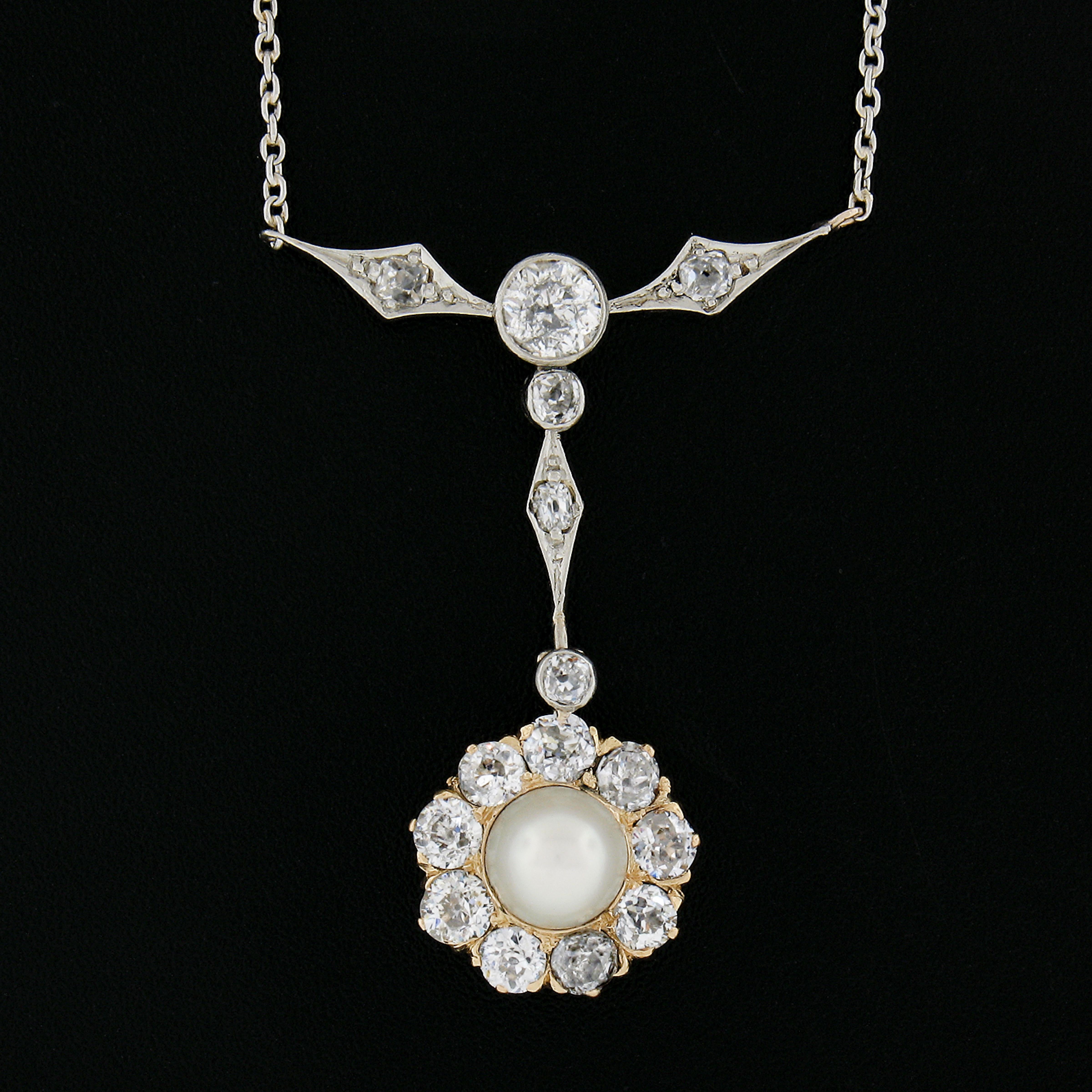 Old Mine Cut Edwardian Gold & Platinum 2ctw Old Mine Diamonds & Pearl Dangle Pendant Necklace For Sale