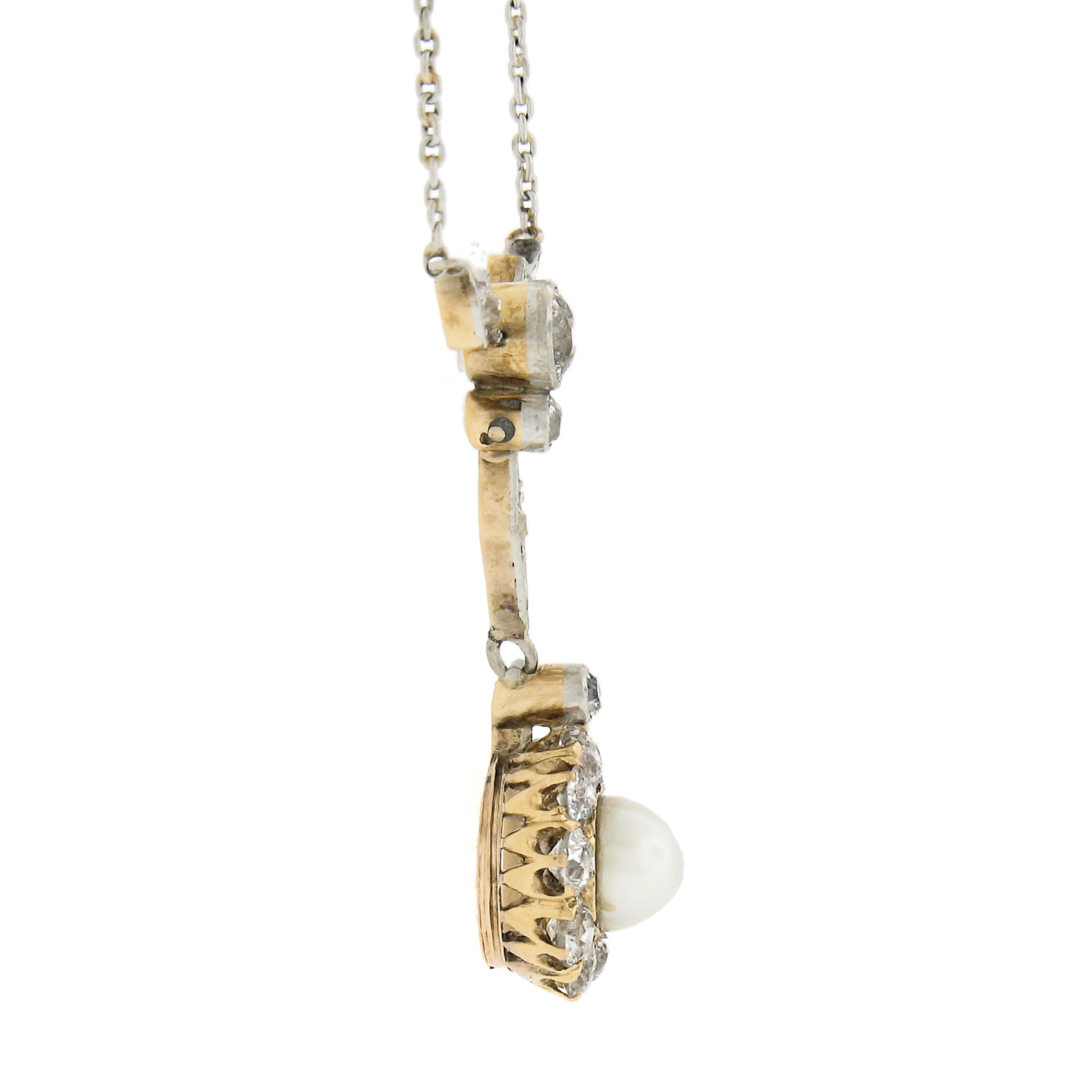 Taille vieille mine Collier pendentif édouardien en or et platine avec diamants et perles anciennes de 2 carats en vente