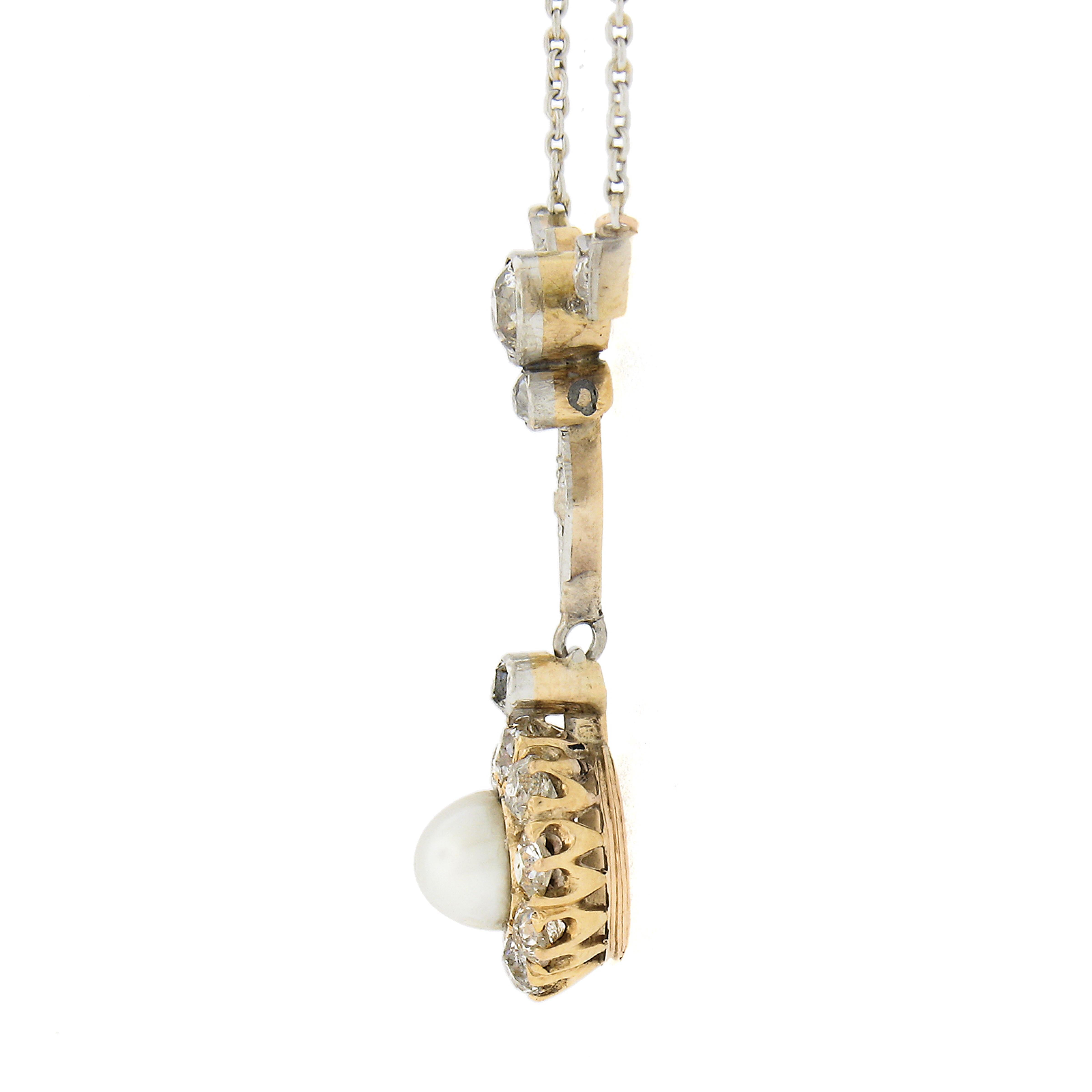 Women's Edwardian Gold & Platinum 2ctw Old Mine Diamonds & Pearl Dangle Pendant Necklace For Sale