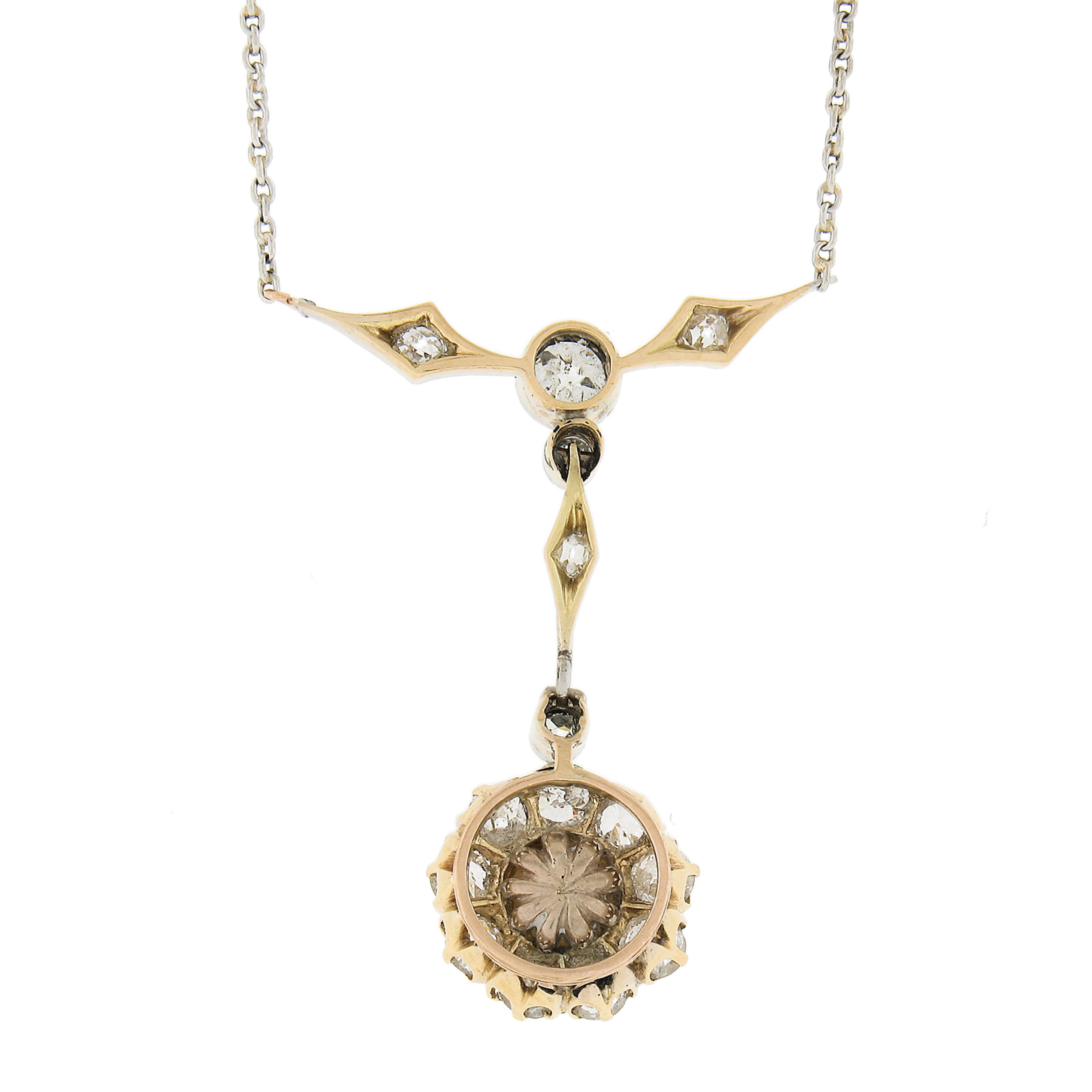 Edwardian Gold & Platinum 2ctw Old Mine Diamonds & Pearl Dangle Pendant Necklace For Sale 1