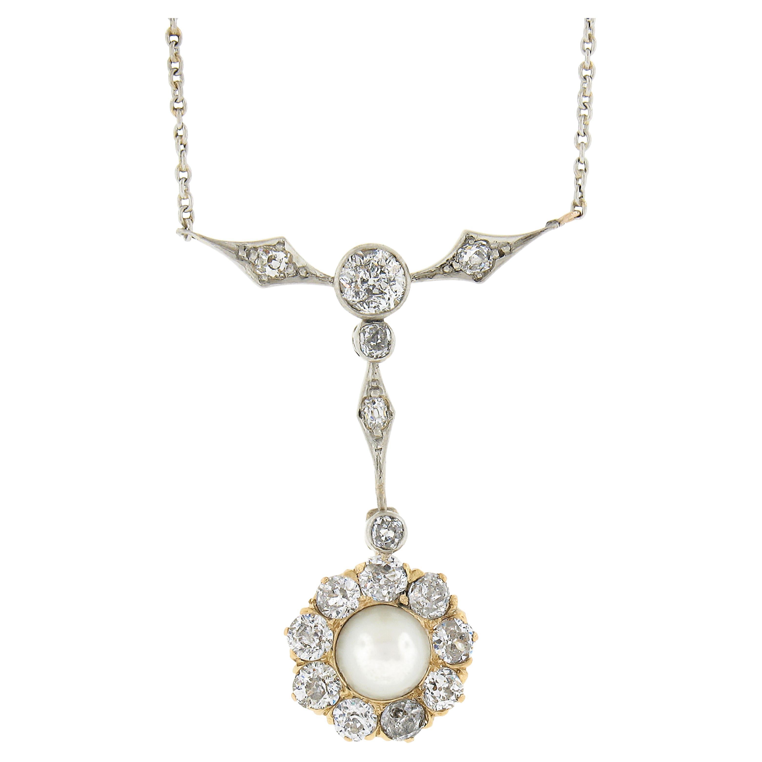 Edwardian Gold & Platinum 2ctw Old Mine Diamonds & Pearl Dangle Pendant Necklace For Sale