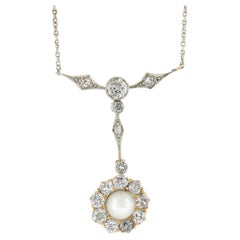 Antique Edwardian Gold & Platinum 2ctw Old Mine Diamonds & Pearl Dangle Pendant Necklace
