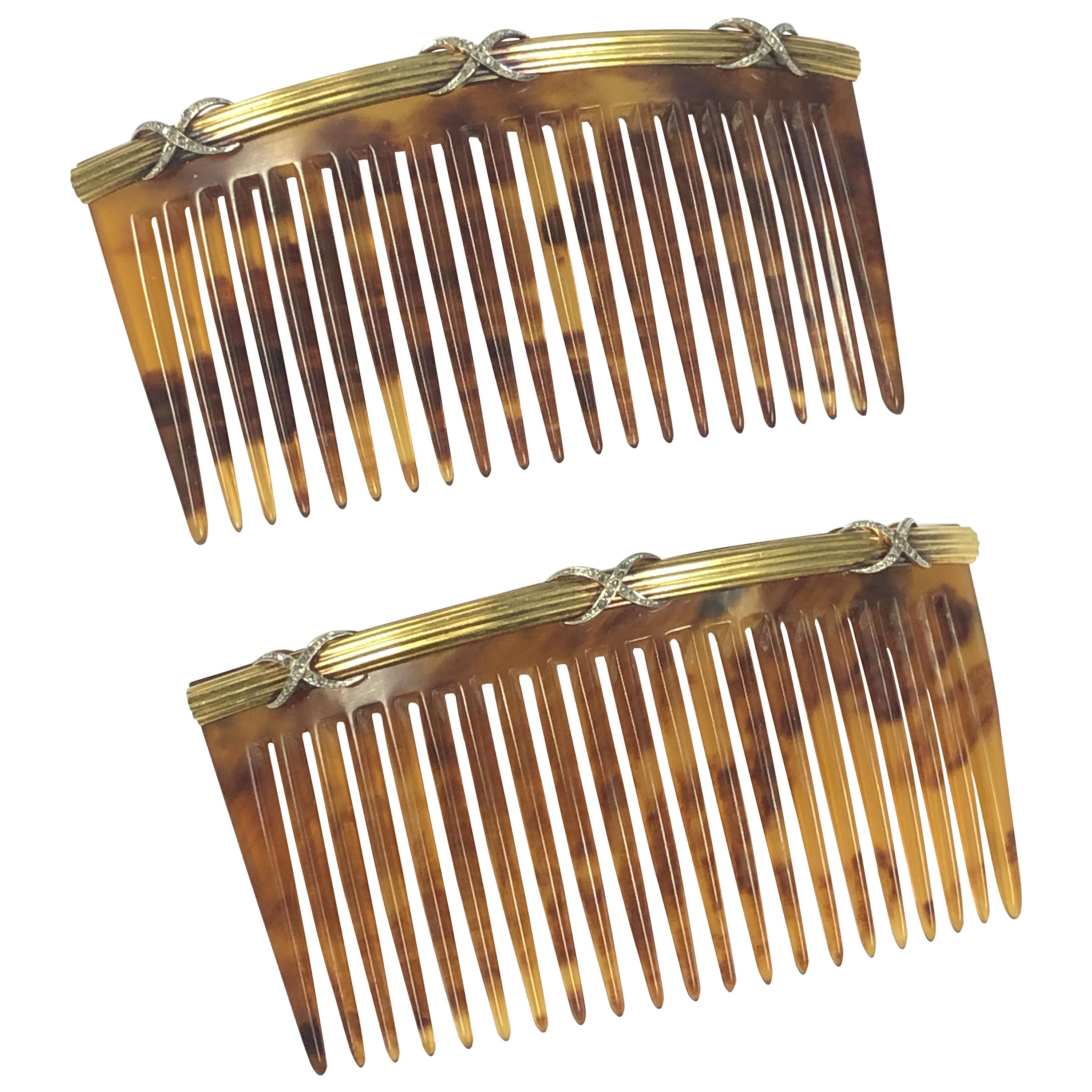 Edwardian Gold Platinum and Diamond Tortoise Shell Hair Combs