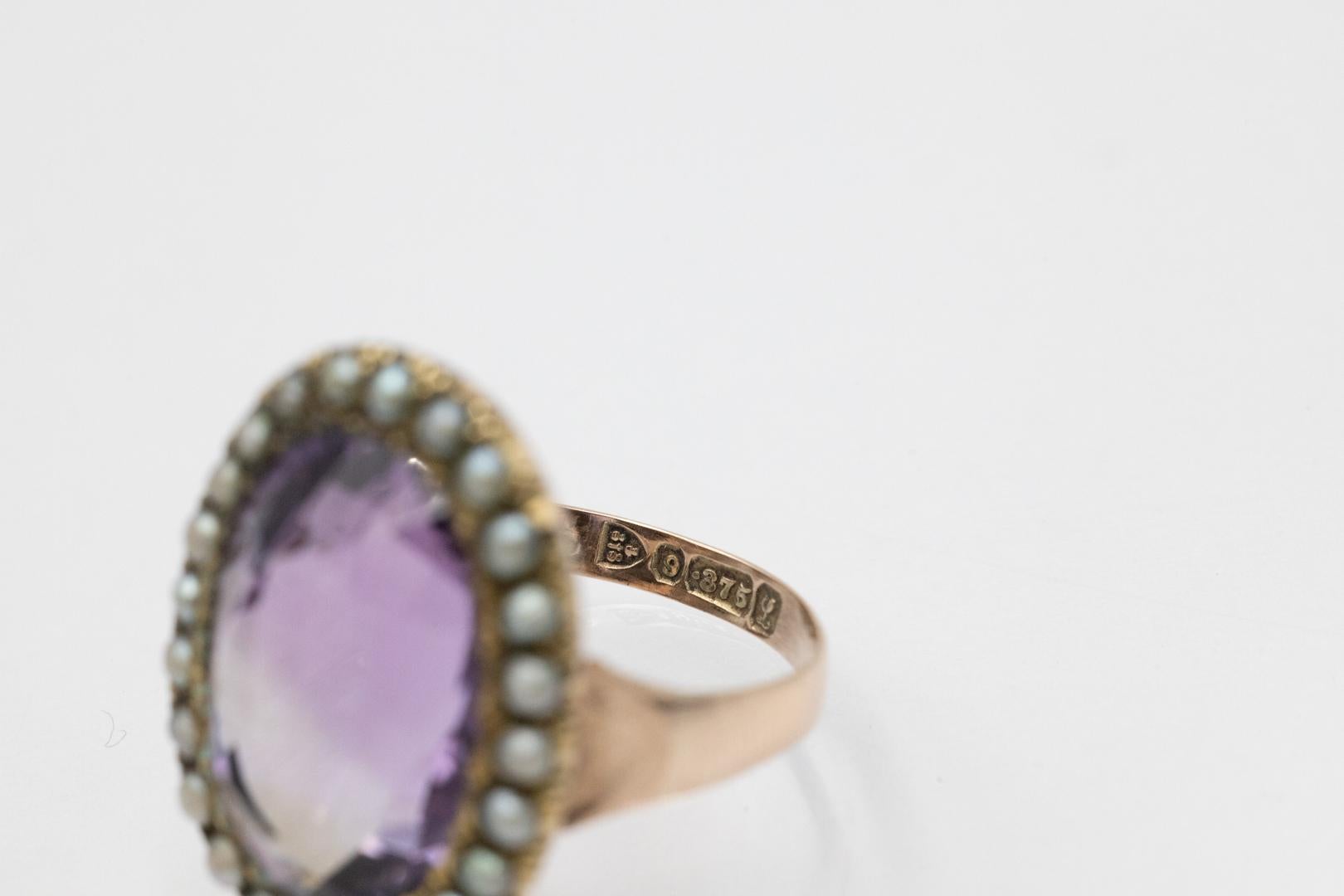Edwardian gold ring with amethyst and natural pearls, 1911-1912. For Sale 2