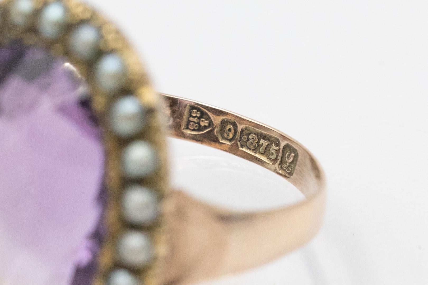 Edwardian gold ring with amethyst and natural pearls, 1911-1912. For Sale 3