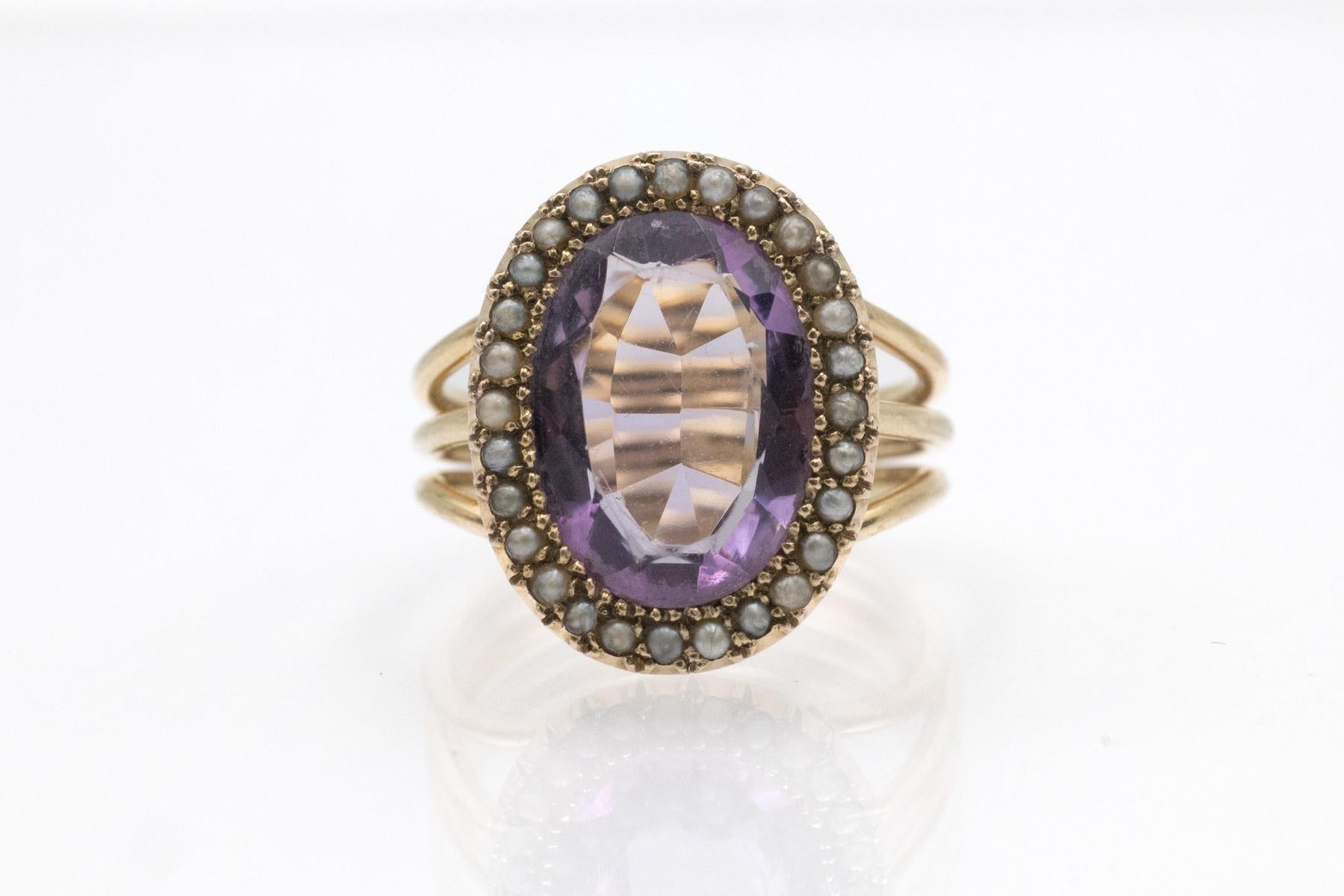 Edwardian gold ring with amethyst and natural pearls, early 20th century In condizioni buone in vendita a Chorzów, PL