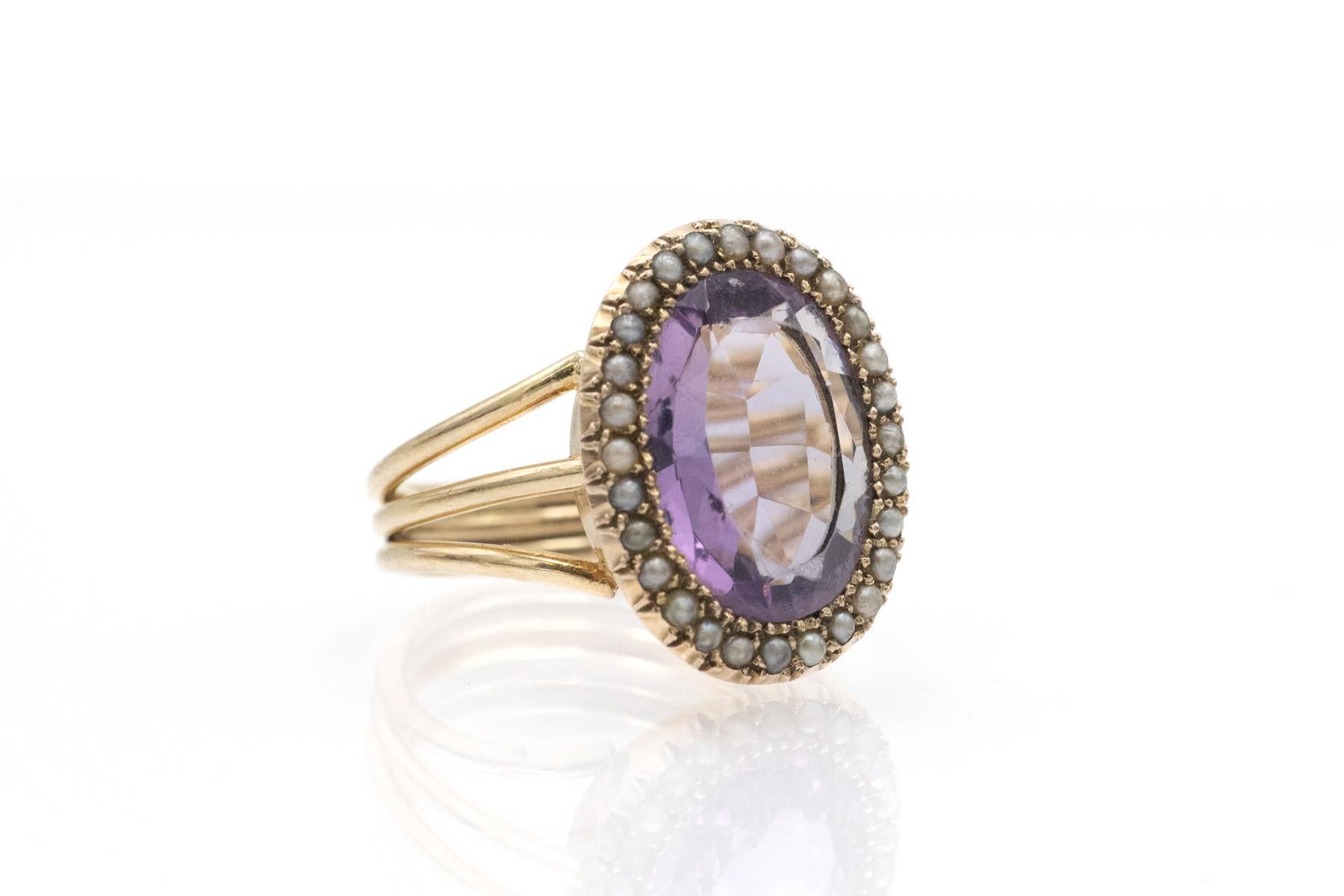 Edwardian gold ring with amethyst and natural pearls, early 20th century in vendita 2