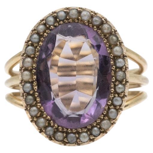 Edwardian gold ring with amethyst and natural pearls, early 20th century