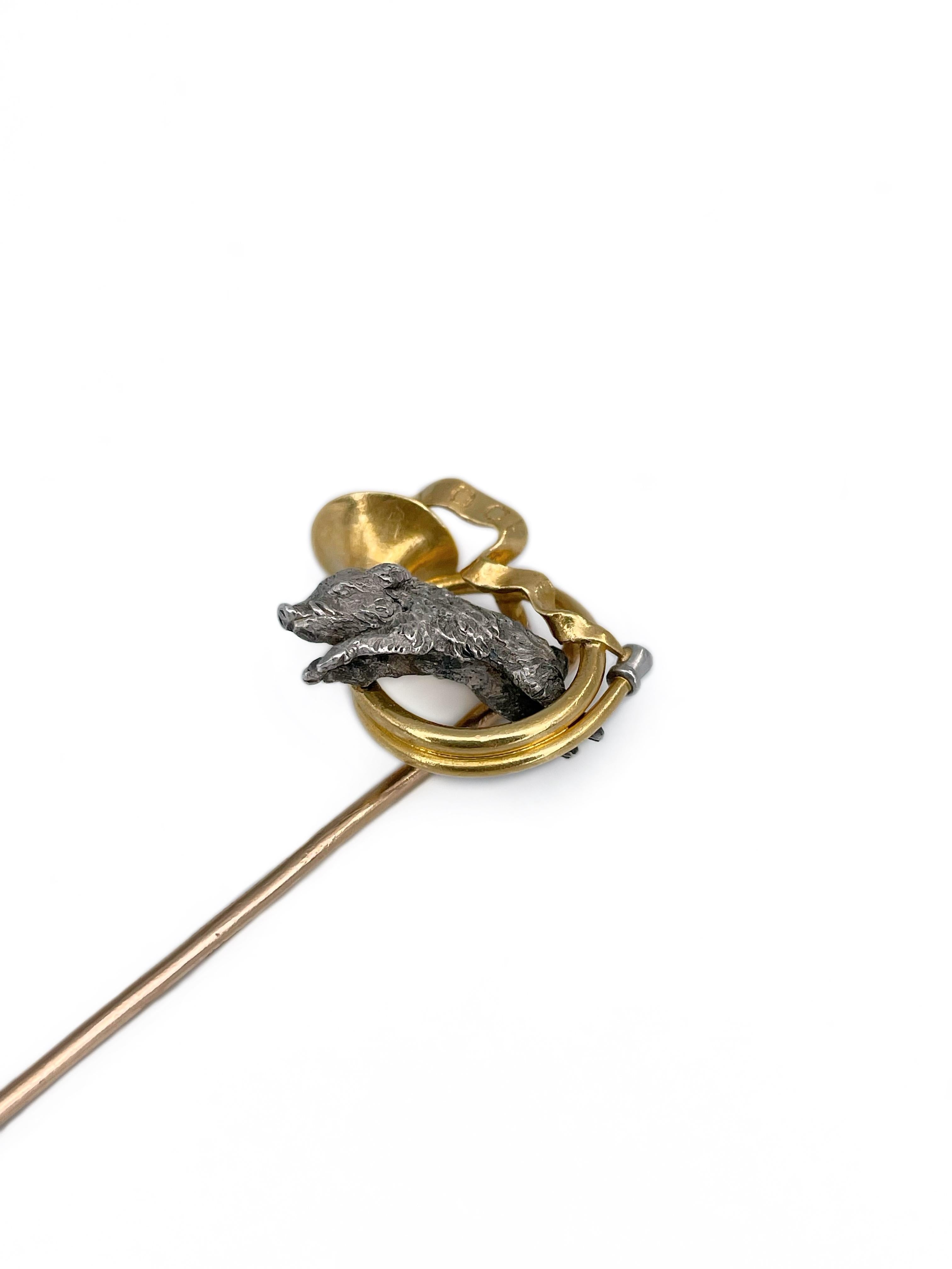 Women's or Men's Edwardian Gold Silver Wild Boar Hunting Horn Stick Pin Brooch
