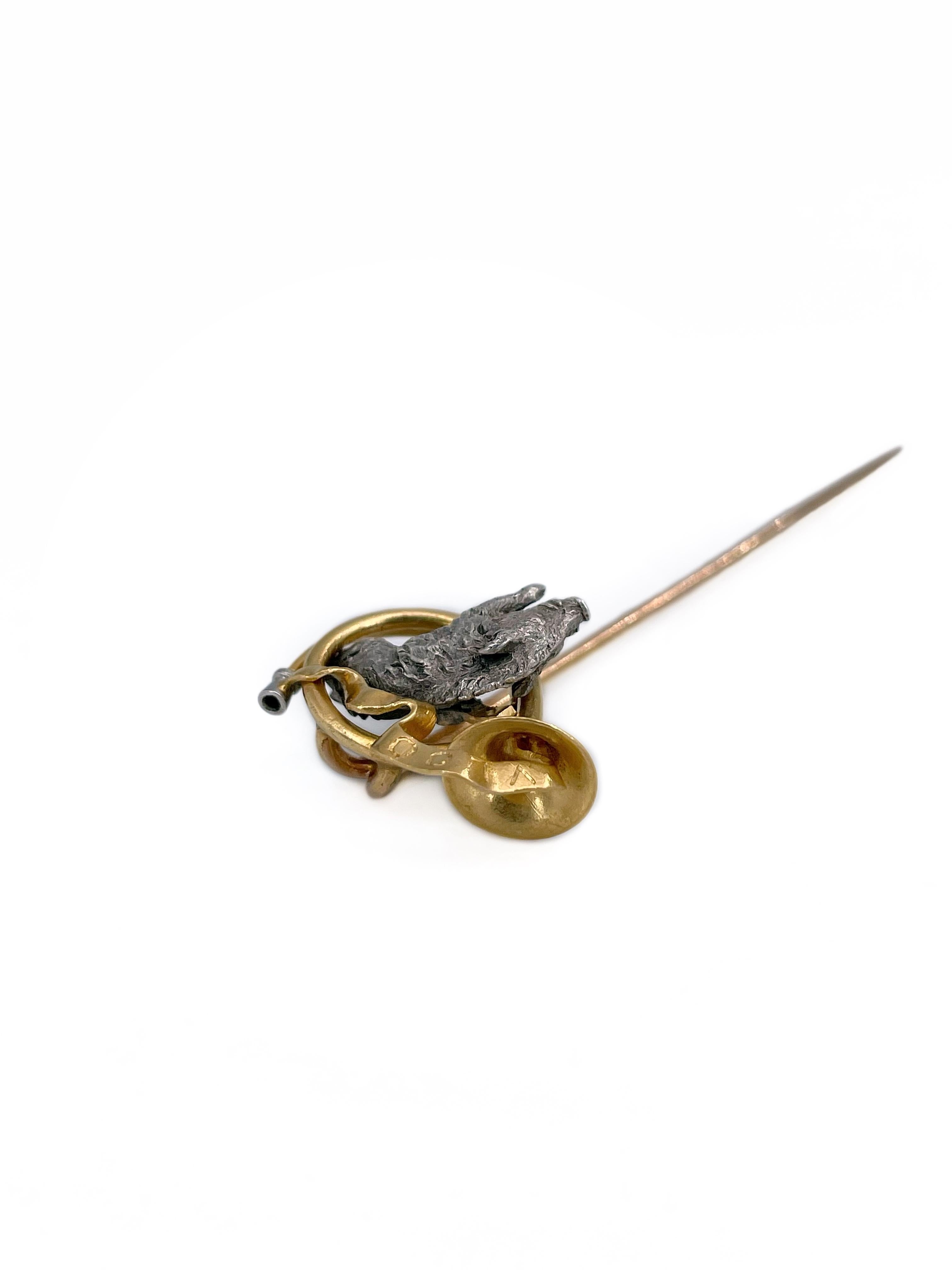 Edwardian Gold Silver Wild Boar Hunting Horn Stick Pin Brooch 1