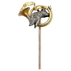 Antique Edwardian Gold Silver Wild Boar Hunting Horn Stick Pin Brooch