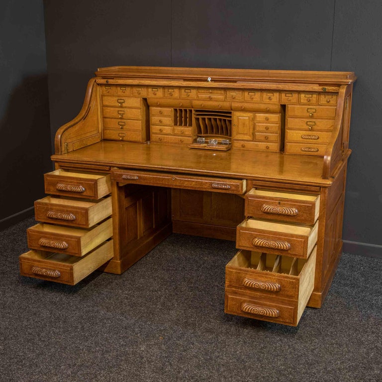 Edwardian Golden Oak Roll Top Desk For Sale at 1stDibs desks for sale