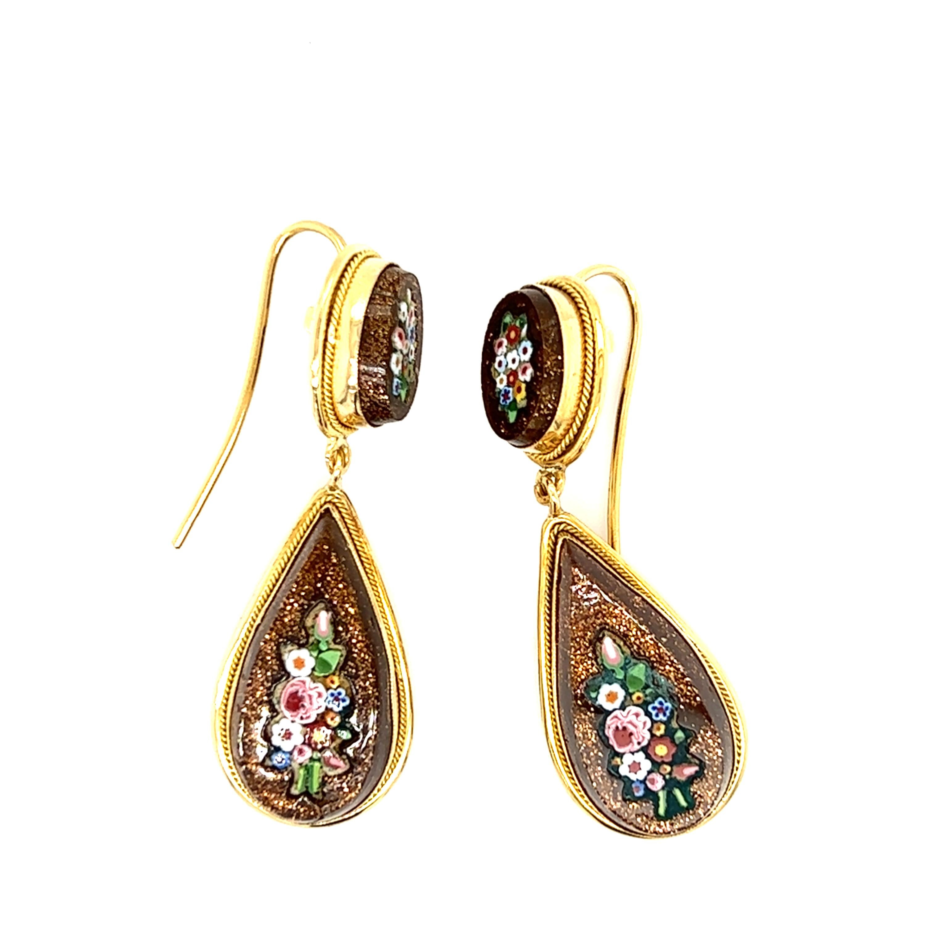 Women's Edwardian Goldstone Micro Mosaic Dangle Earrings in 18K Gold