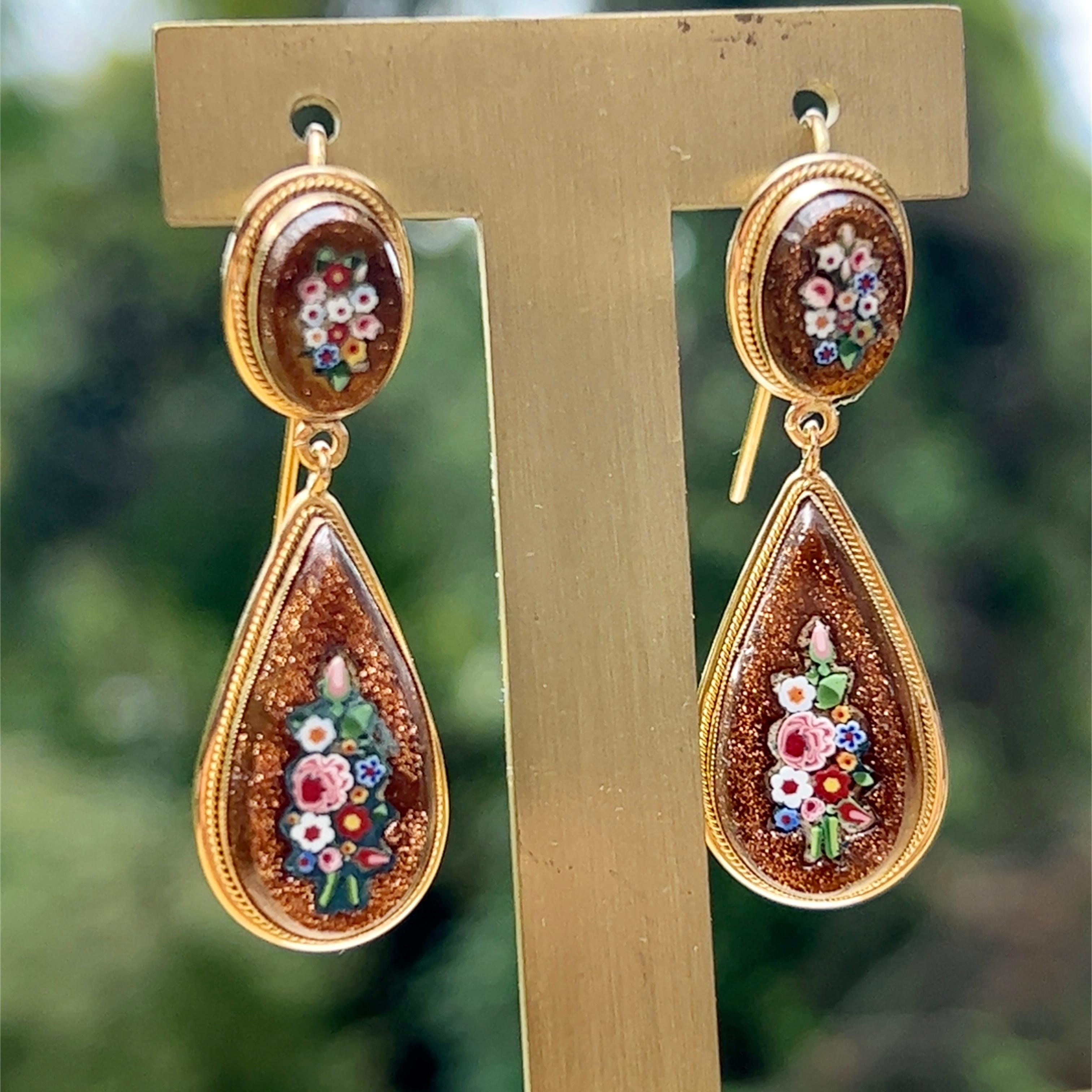 Edwardian Goldstone Micro Mosaic Dangle Earrings in 18K Gold 1