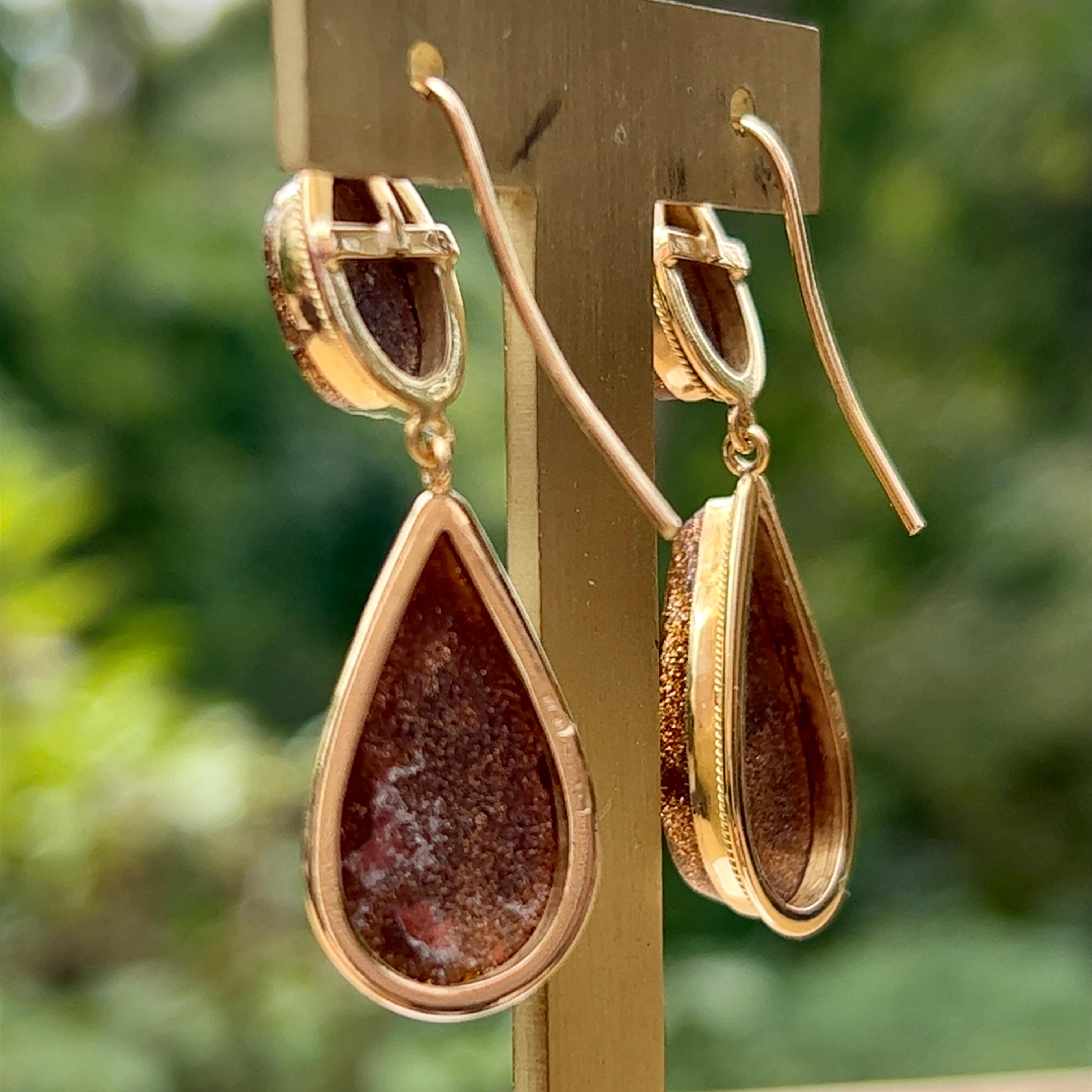 Edwardian Goldstone Micro Mosaic Dangle Earrings in 18K Gold 2