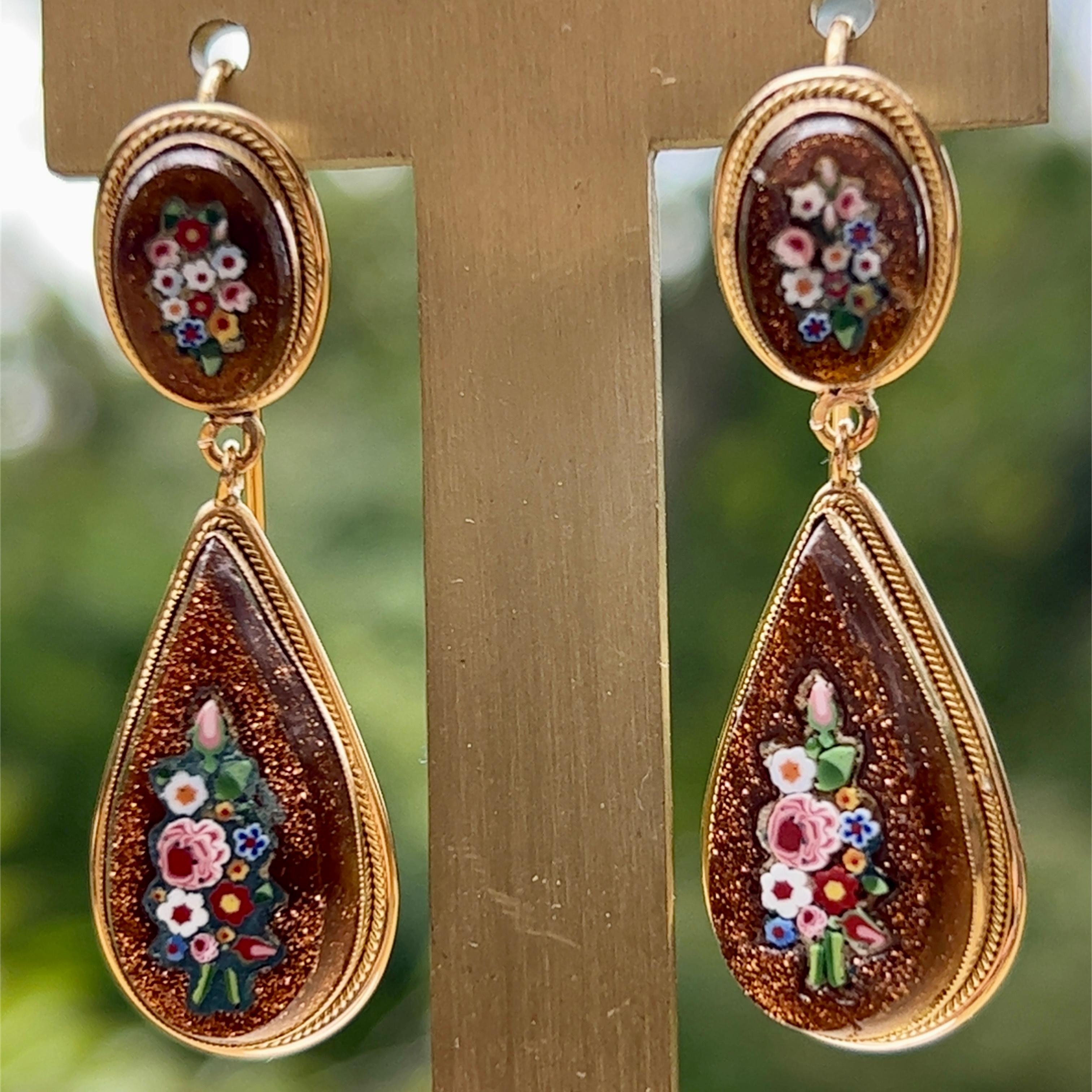 Edwardian Goldstone Micro Mosaic Dangle Earrings in 18K Gold 3
