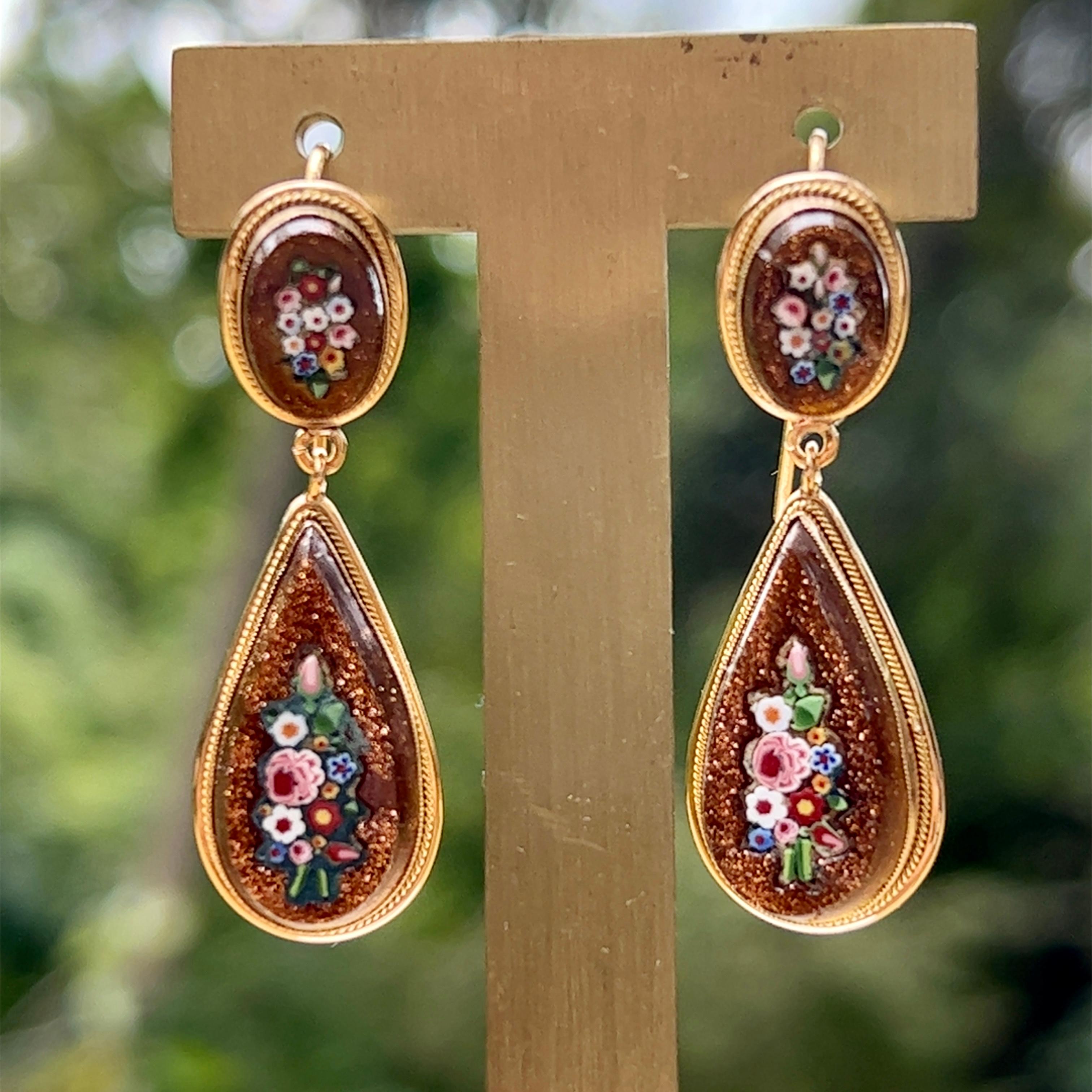 Edwardian Goldstone Micro Mosaic Dangle Earrings in 18K Gold 4