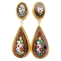 Antique Edwardian Goldstone Micro Mosaic Dangle Earrings in 18K Gold