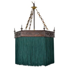 Edwardian Gothic Hexagonal Copper Green Tassel Fringe Chandelier Pendant Light