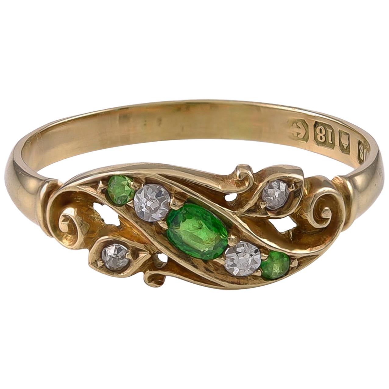 Edwardian Grass Green Garnet and Diamond Ring For Sale