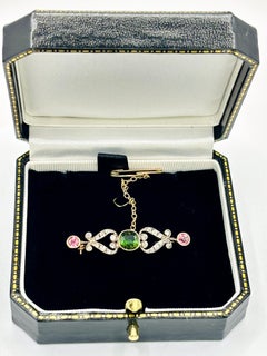 Edwardian Green & Pink Tourmaline and Diamond Bar Brooch, Circa 1900, Silver and