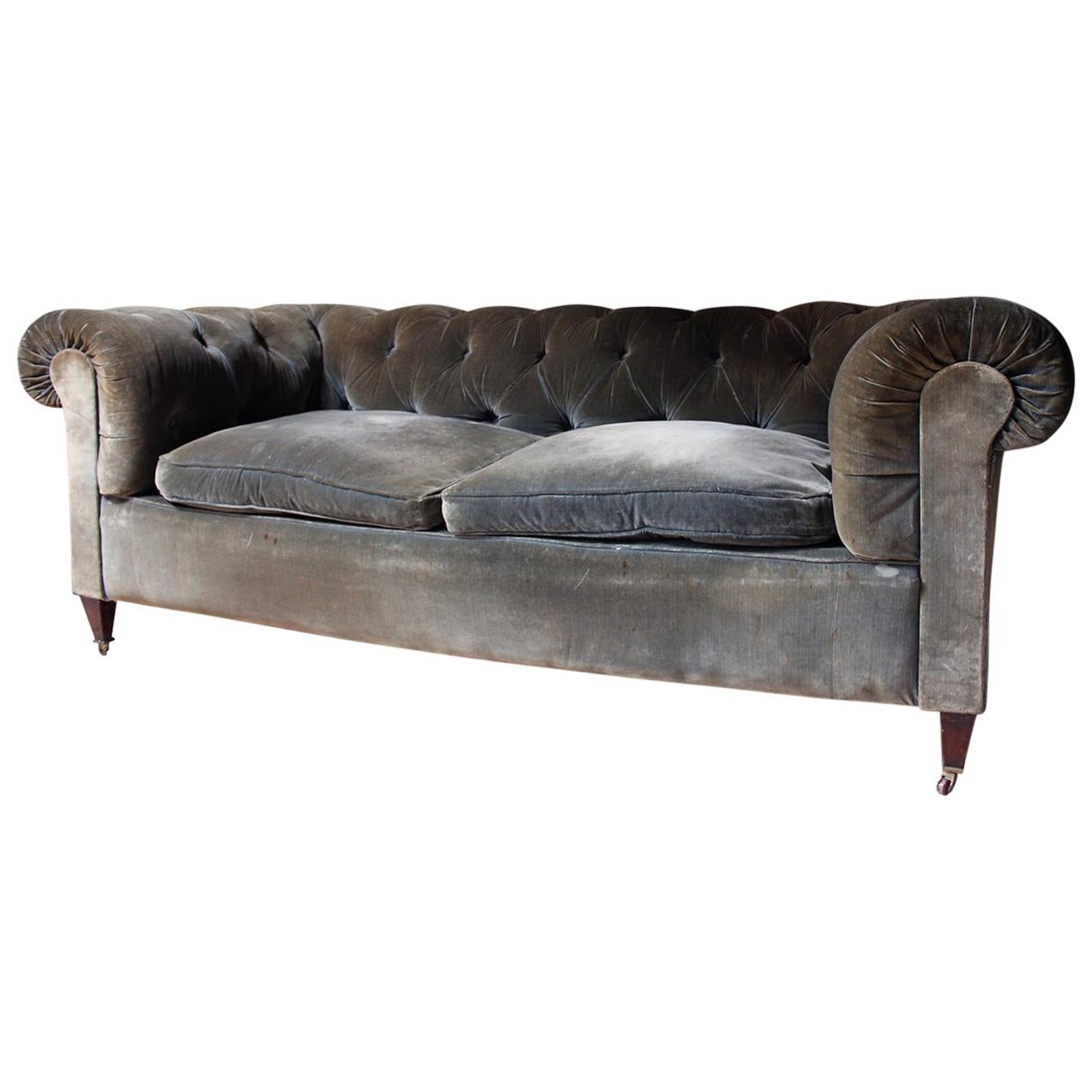 Edwardian Green Velvet Upholstered Chesterfield Sofa, circa 19001910