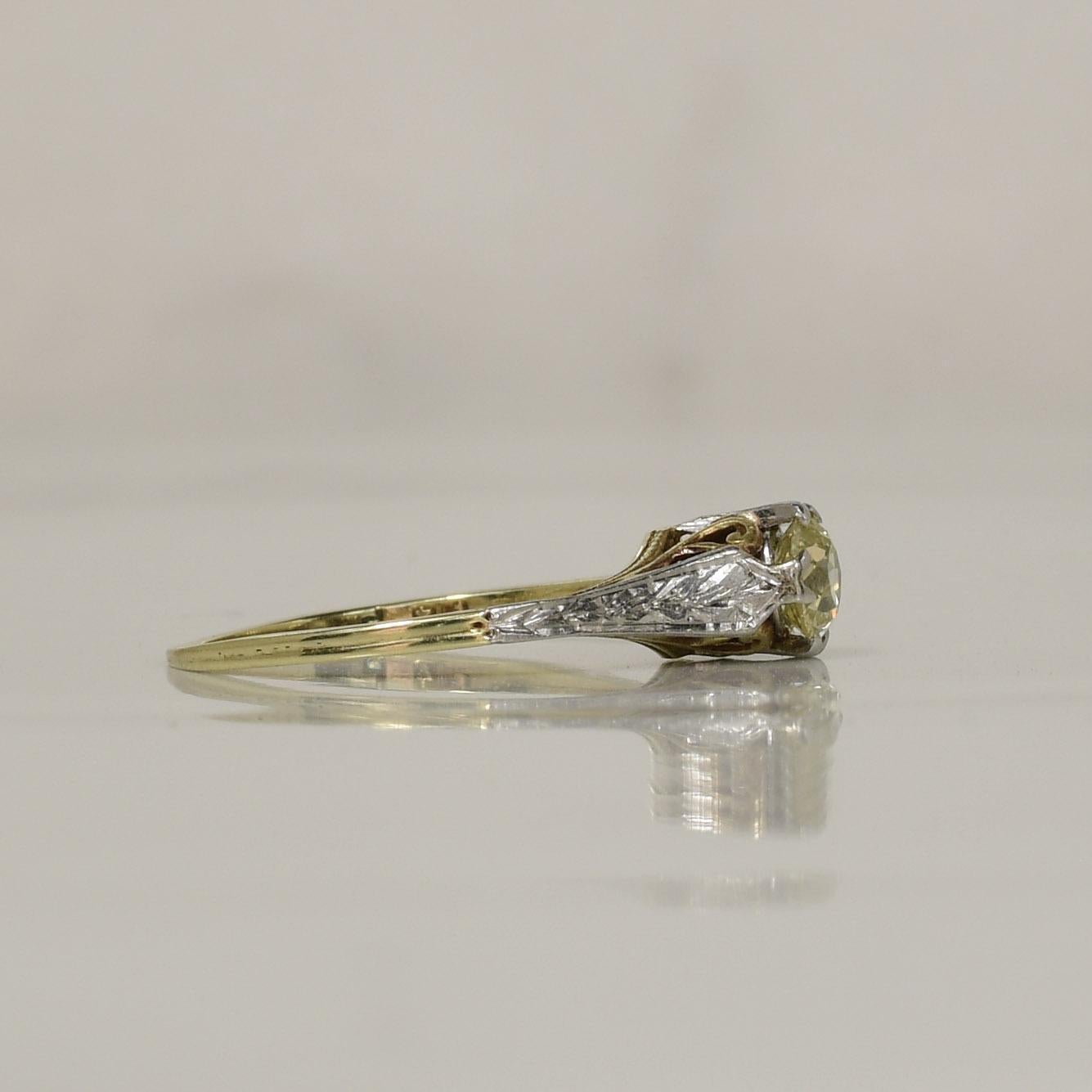 Antique Cushion Cut Edwardian Half Carat Yellow Old Miner Cut Diamond Two Tone 14K Solitaire Ring For Sale