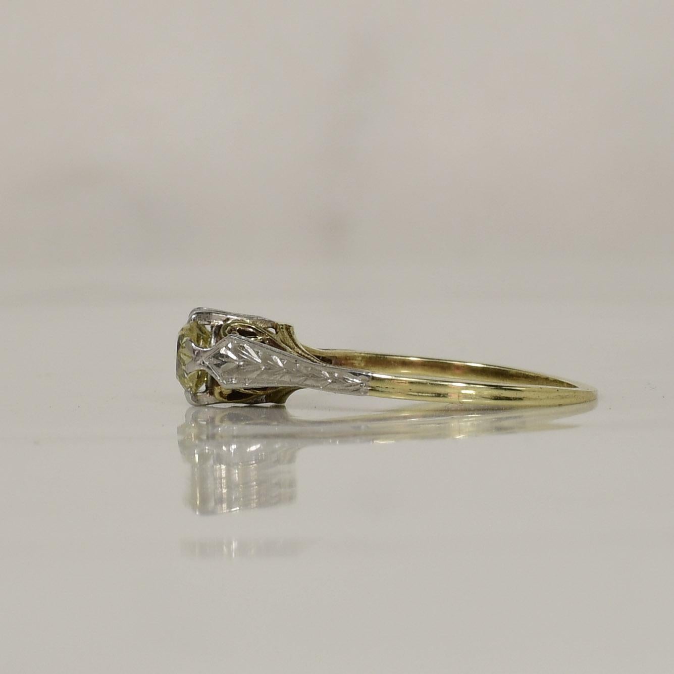 Edwardian Half Carat Yellow Old Miner Cut Diamond Two Tone 14K Solitaire Ring In Good Condition For Sale In Addison, TX