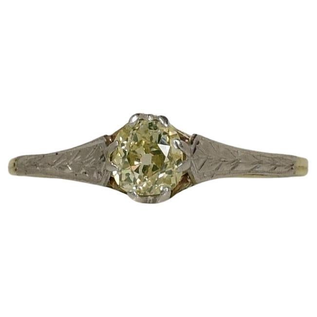 Bague solitaire édouardienne bicolore 14 carats en diamant jaune demi-carat de taille vieille mine