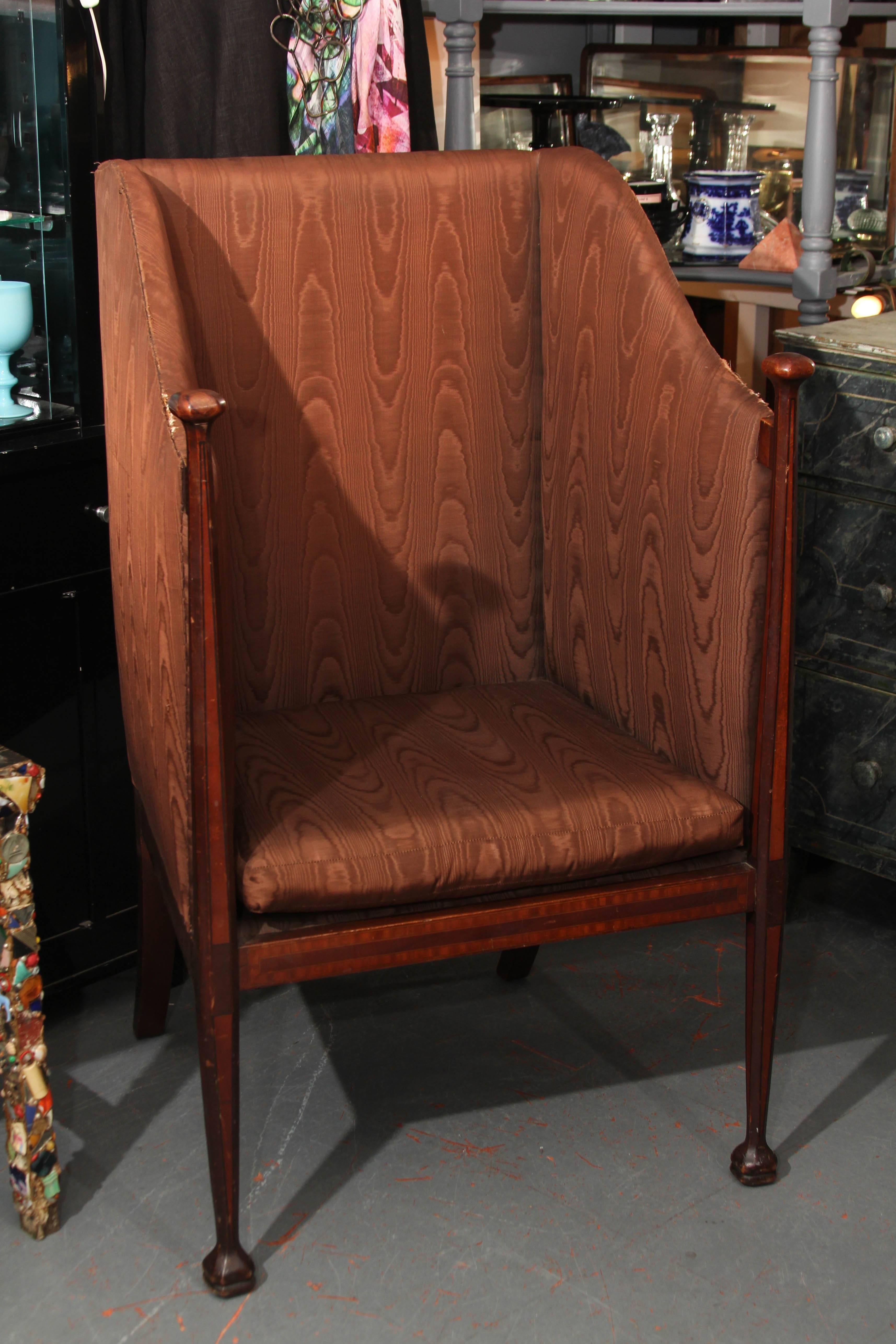 Stately Edwardian hall chair upholstered as found in deep cocoa silk moire'.
     