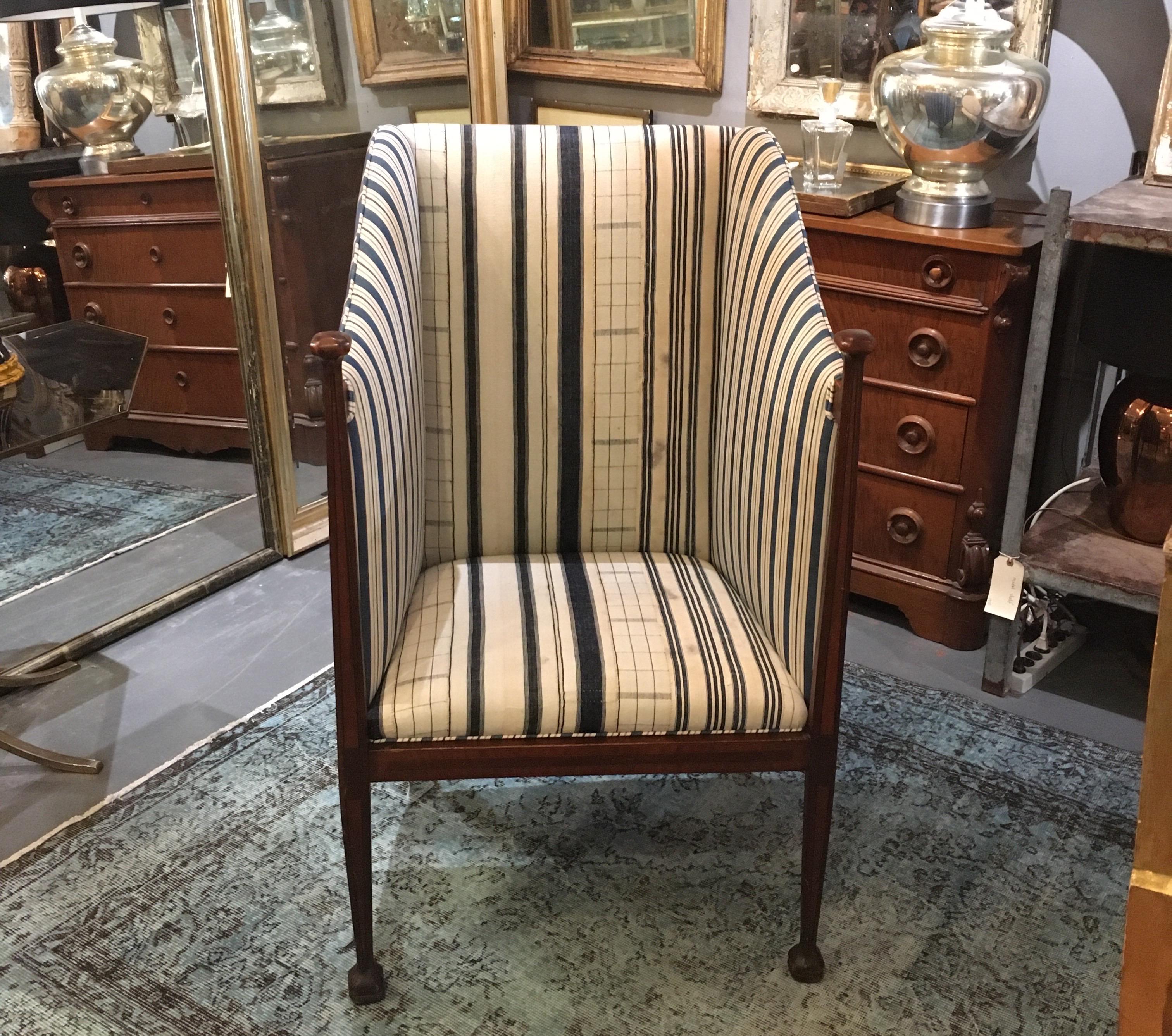 1910 very tall back Edwardian hall chair in blue and white 19th century linen homespun and early 20th century striped cotton ticking. Inlaid wood down front of chair, with carved wood caps and legs.
 