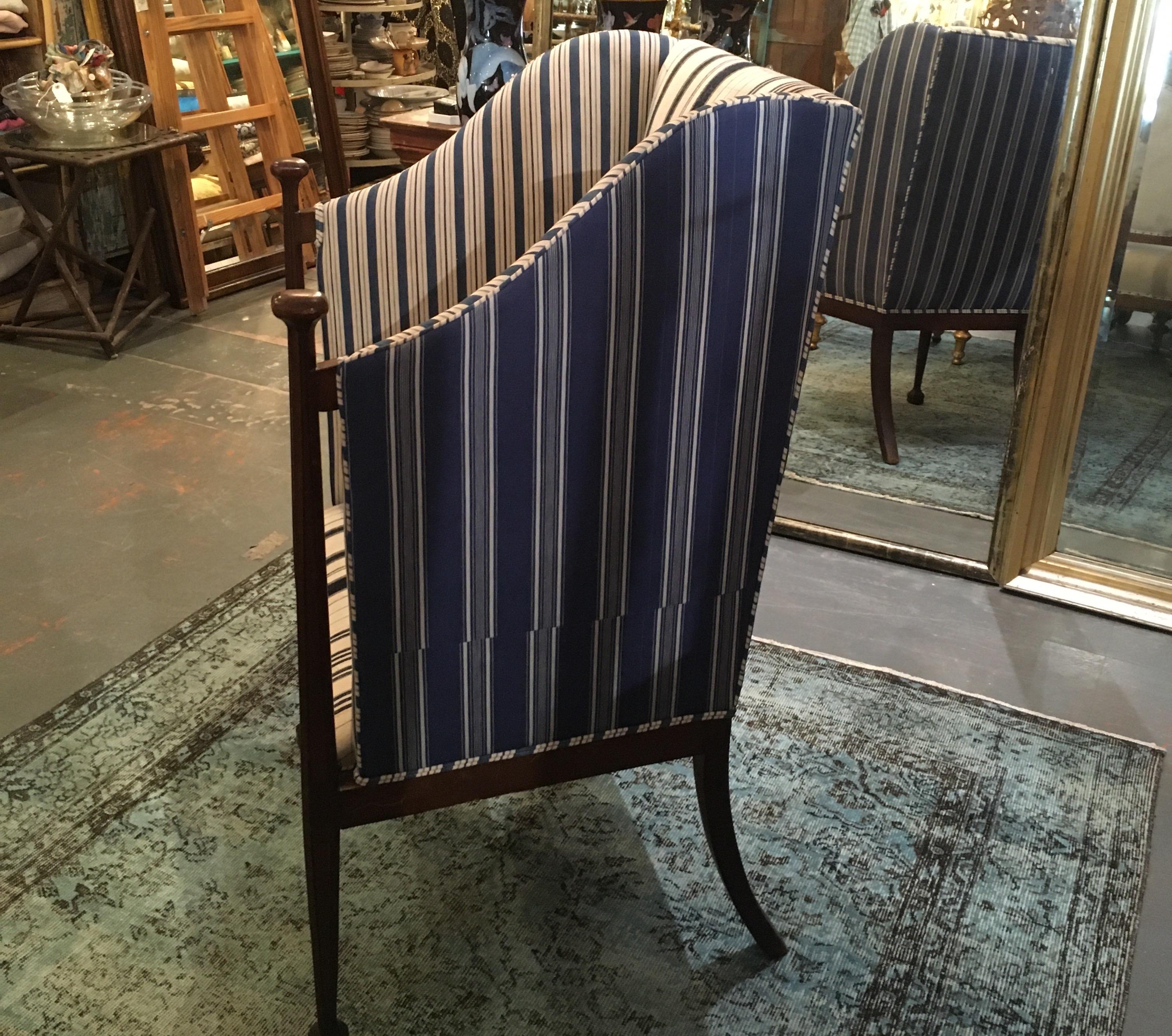 Edwardian Hall Chair in Blue and White Homespun and Ticking In Good Condition In Seattle, WA