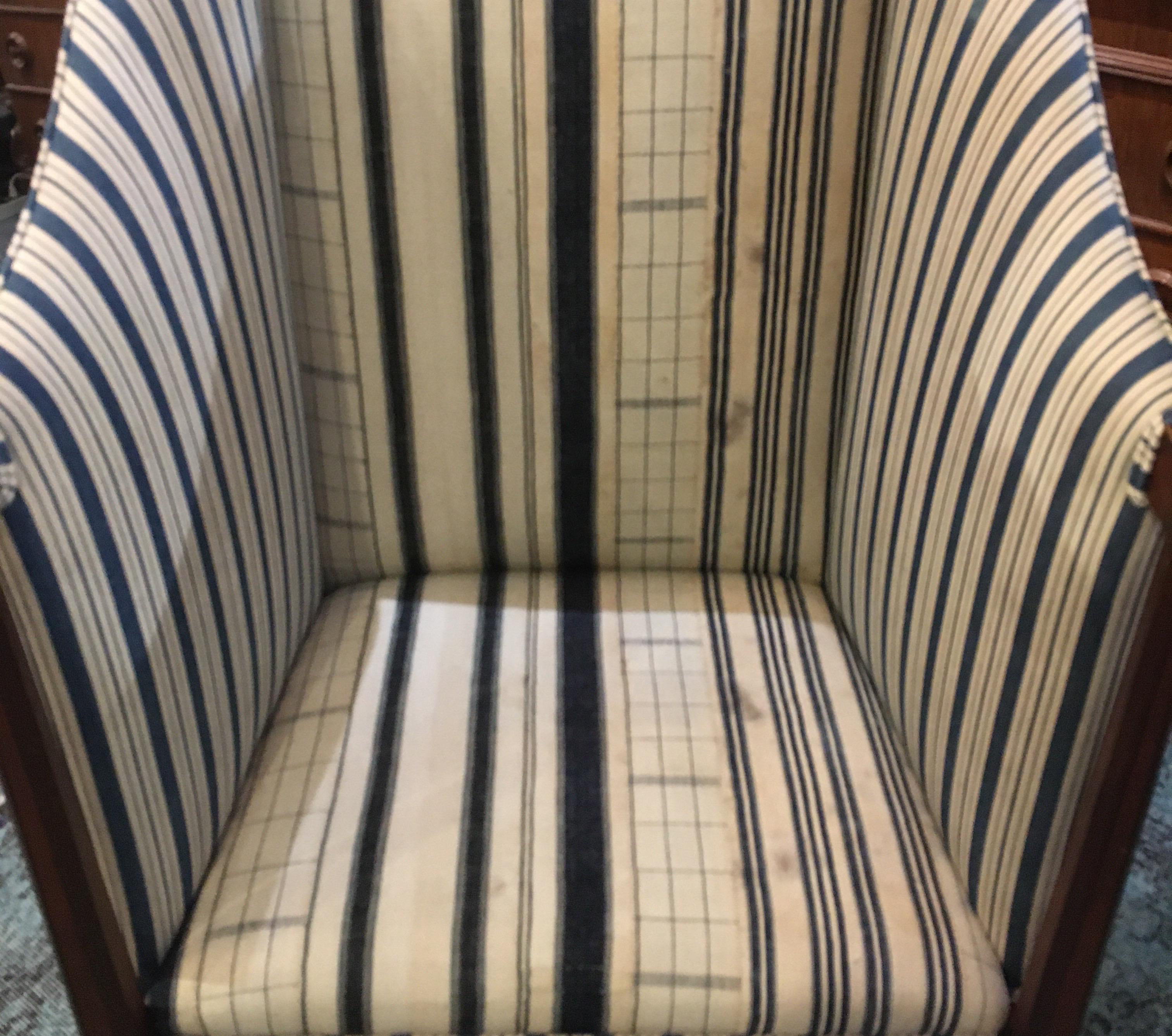 Edwardian Hall Chair in Blue and White Homespun and Ticking 2