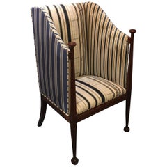 Edwardian Hall Chair in Blue and White Homespun and Ticking