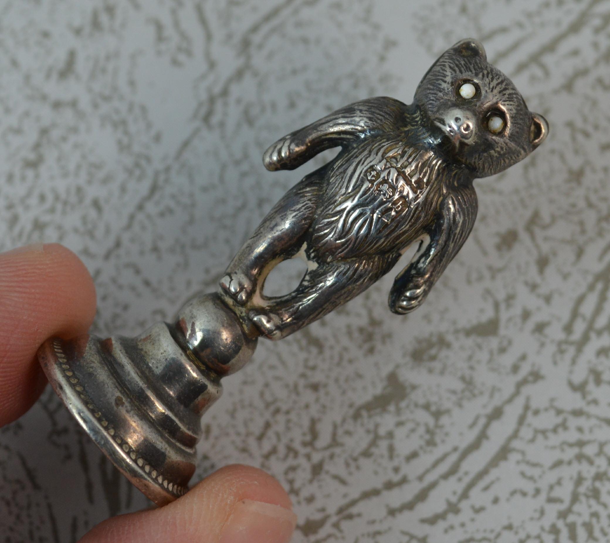 Edwardian Hallmarked Silver Teddy Bear Table Desk Seal 1