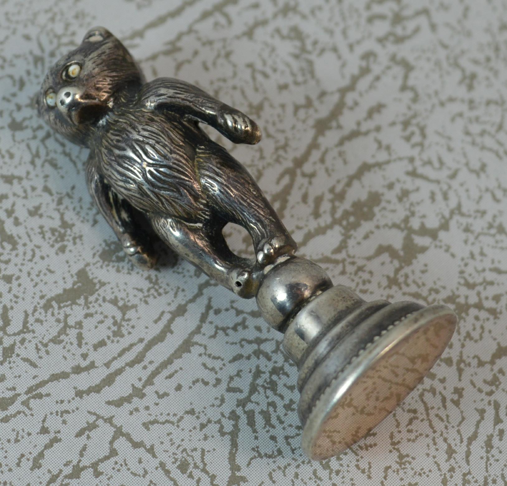 Edwardian Hallmarked Silver Teddy Bear Table Desk Seal 4