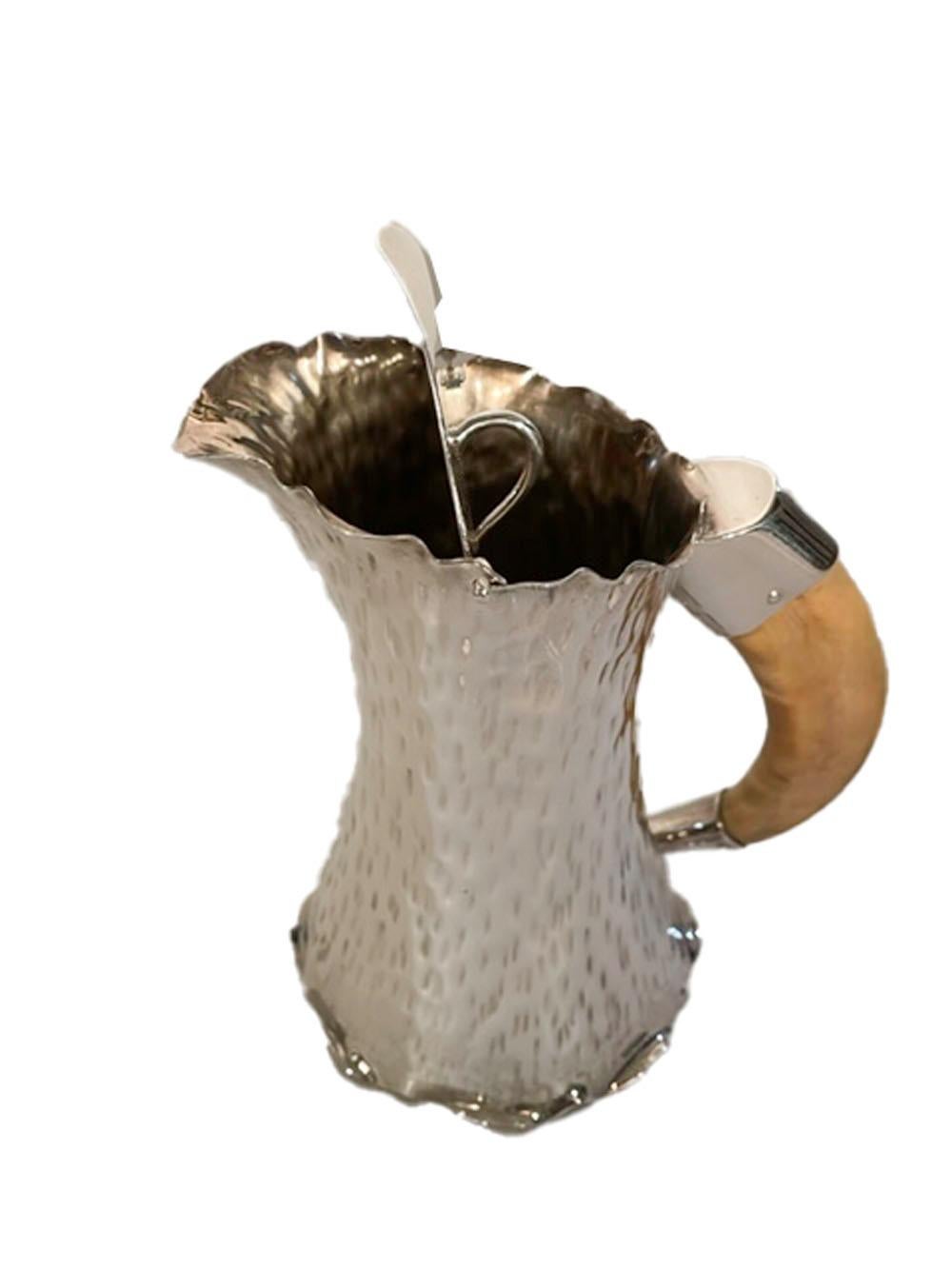 Edwardian Hammered Silver Plate & Boar Tusk Pitcher by Hukin & Heath In Good Condition For Sale In Nantucket, MA